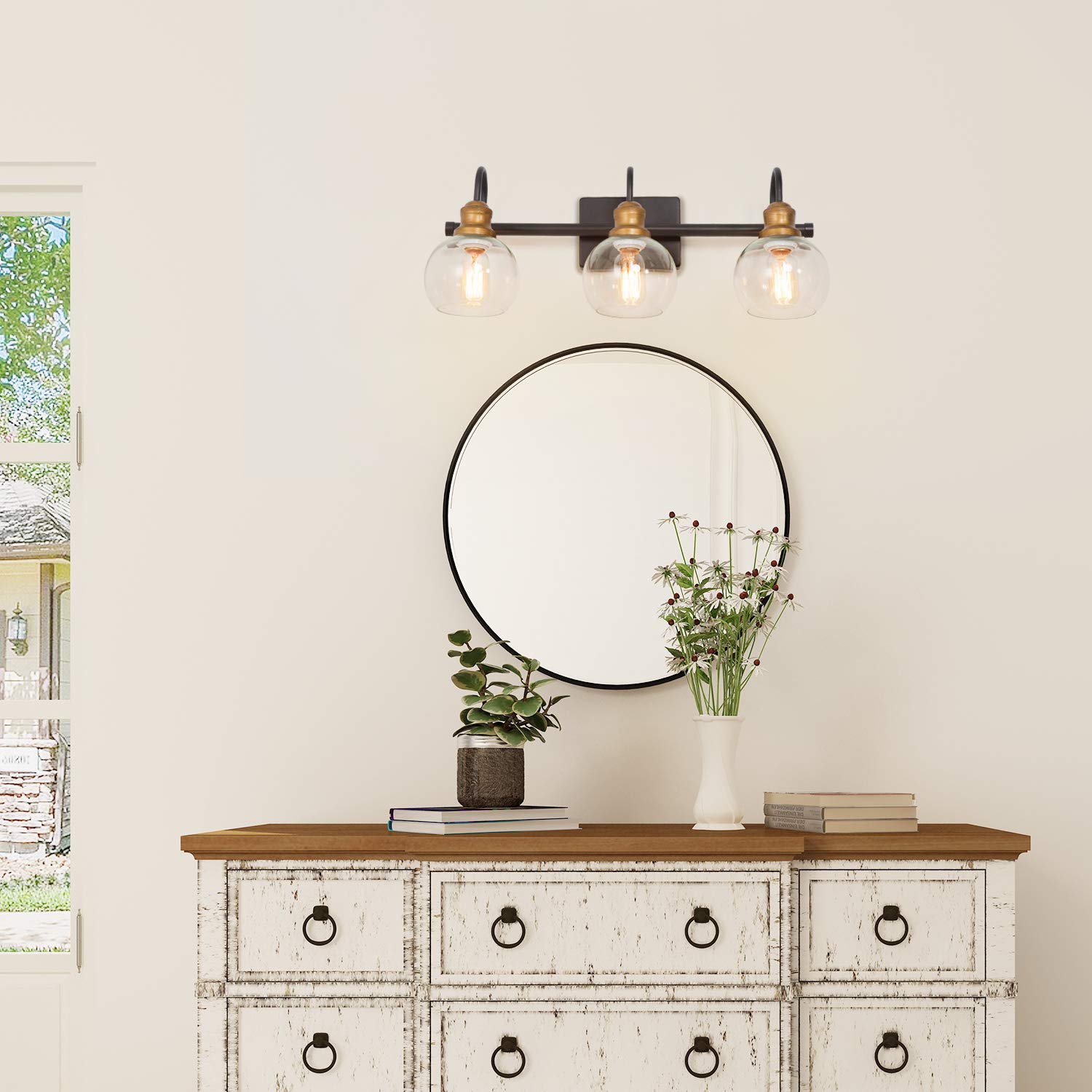 LALUZ Bathroom Vanity Lights - Oil Rubbed Bronze Finish, Antique Gold Socket with Clear Glass Shade - 22.5