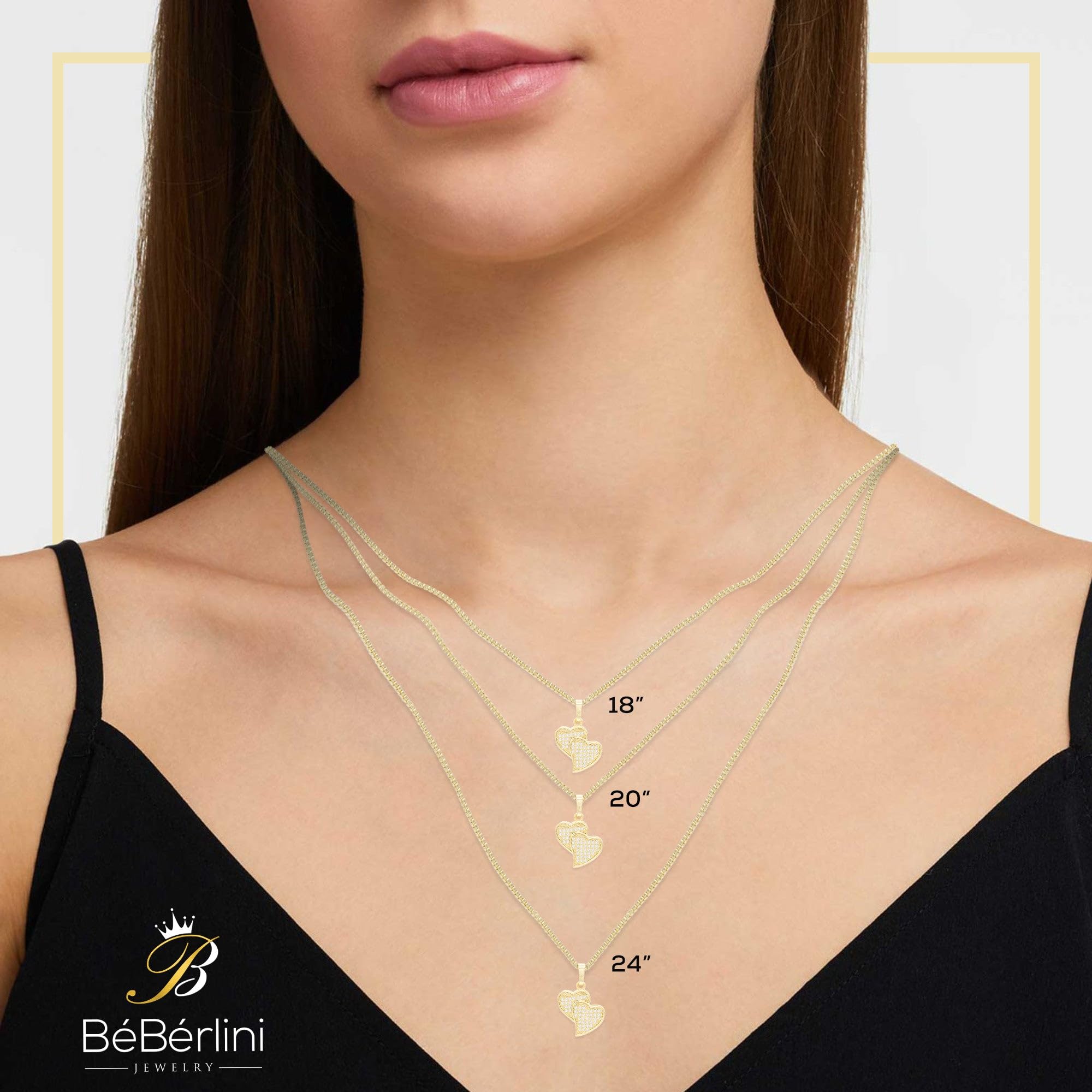BEBERLINI Heart CZ Charms 14K Gold Filled Box Chain Charm Pendant Necklace Set for Women - 24 Inch Elegant Jewelry Gift for Valentine's Day, Anniversary & Special Occasions