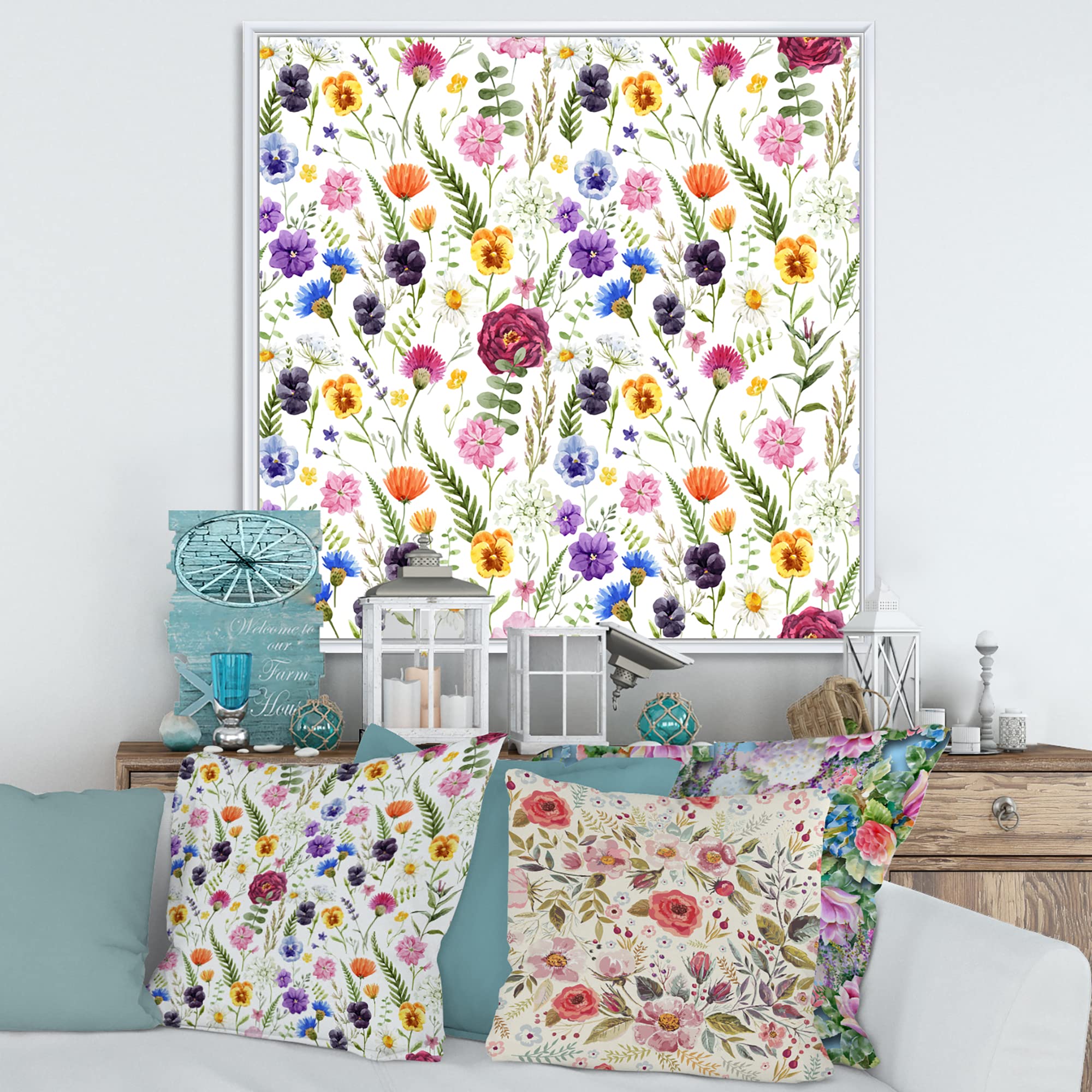 DesignQ Wildflowers Floral Pattern II - Traditional Framed Canvas Wall Art Print for Living Room, Bedroom & Office Decor