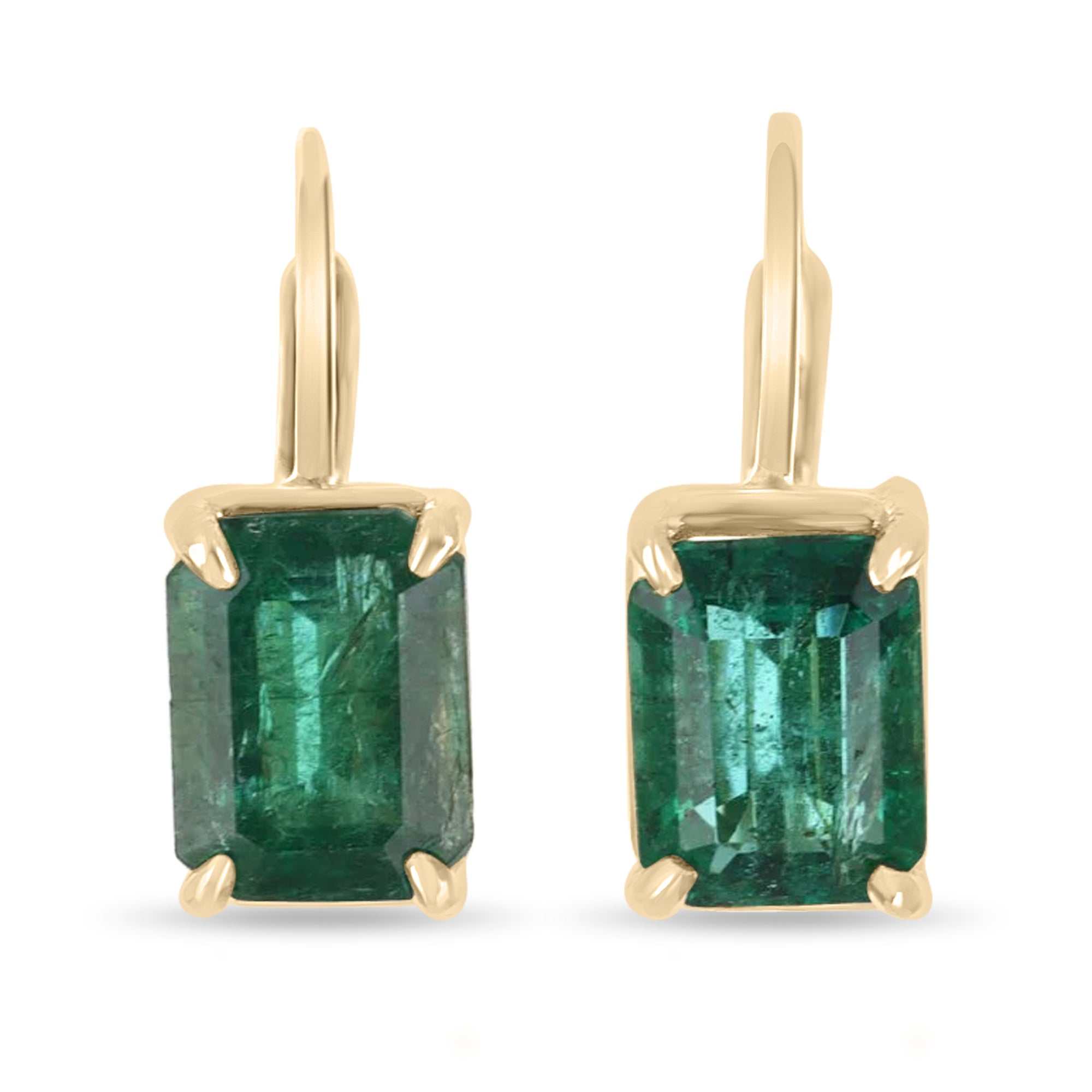 5.0tcw Vivid Dark Green High Grade Emerald Cut Lever Back Earrings in 18K Gold - Perfect for Weddings, Parties & Special Occasions