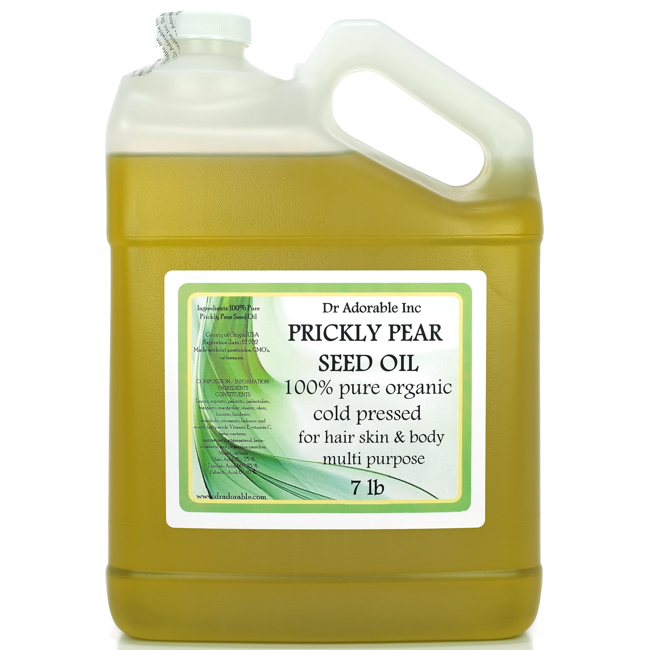 Dr. Adorable 100% Pure Cold Pressed Prickly Pear Seed Oil - 7 LB (1 Gallon) for Skin Care, Hair Growth & Anti-Aging - Organic, Unrefined, Natural Moisturizer