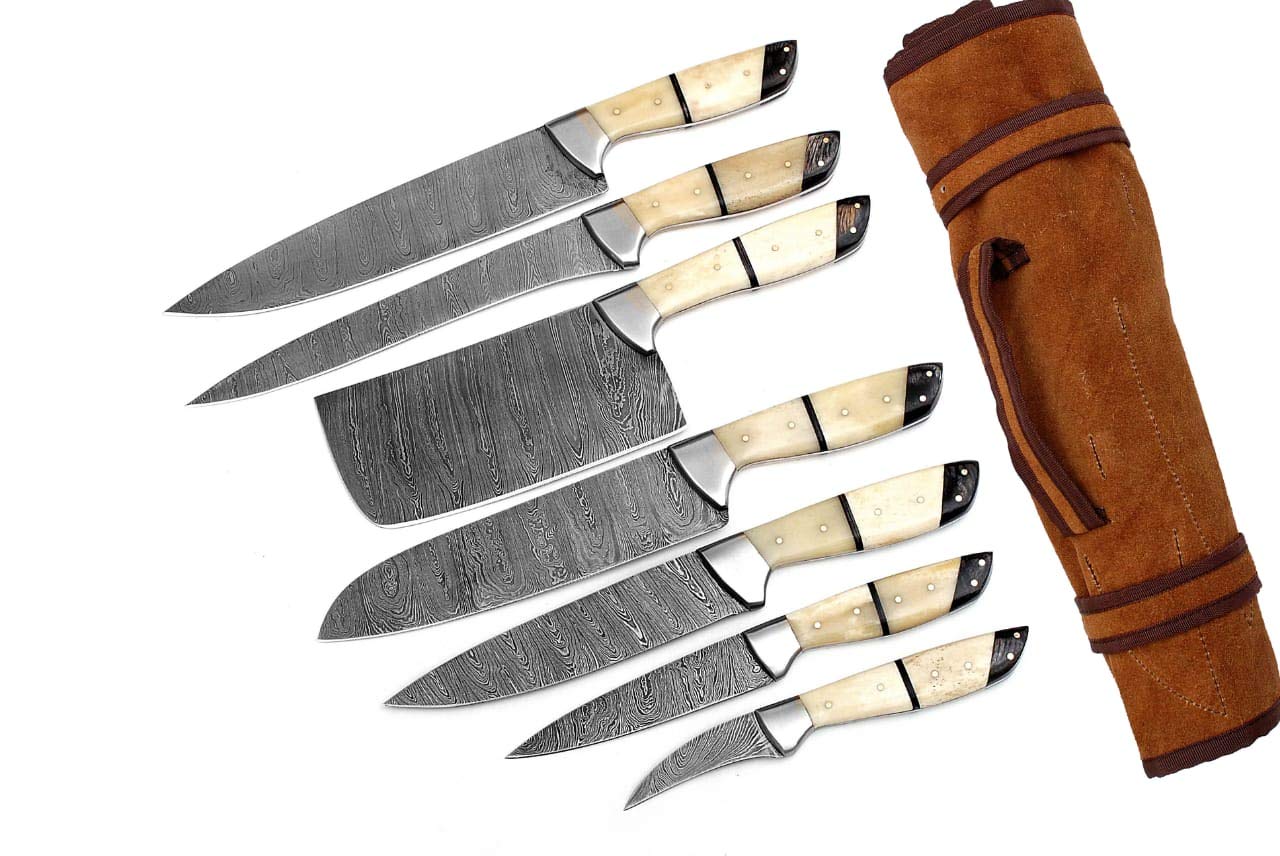 Premium Damascus Steel 7-Piece Professional Chef Knife Set - G26 Custom Kitchen Knives with Cleaver & Utility Blades for Slicing, Dicing & Chopping - Perfect for Home Cooks & Culinary Experts