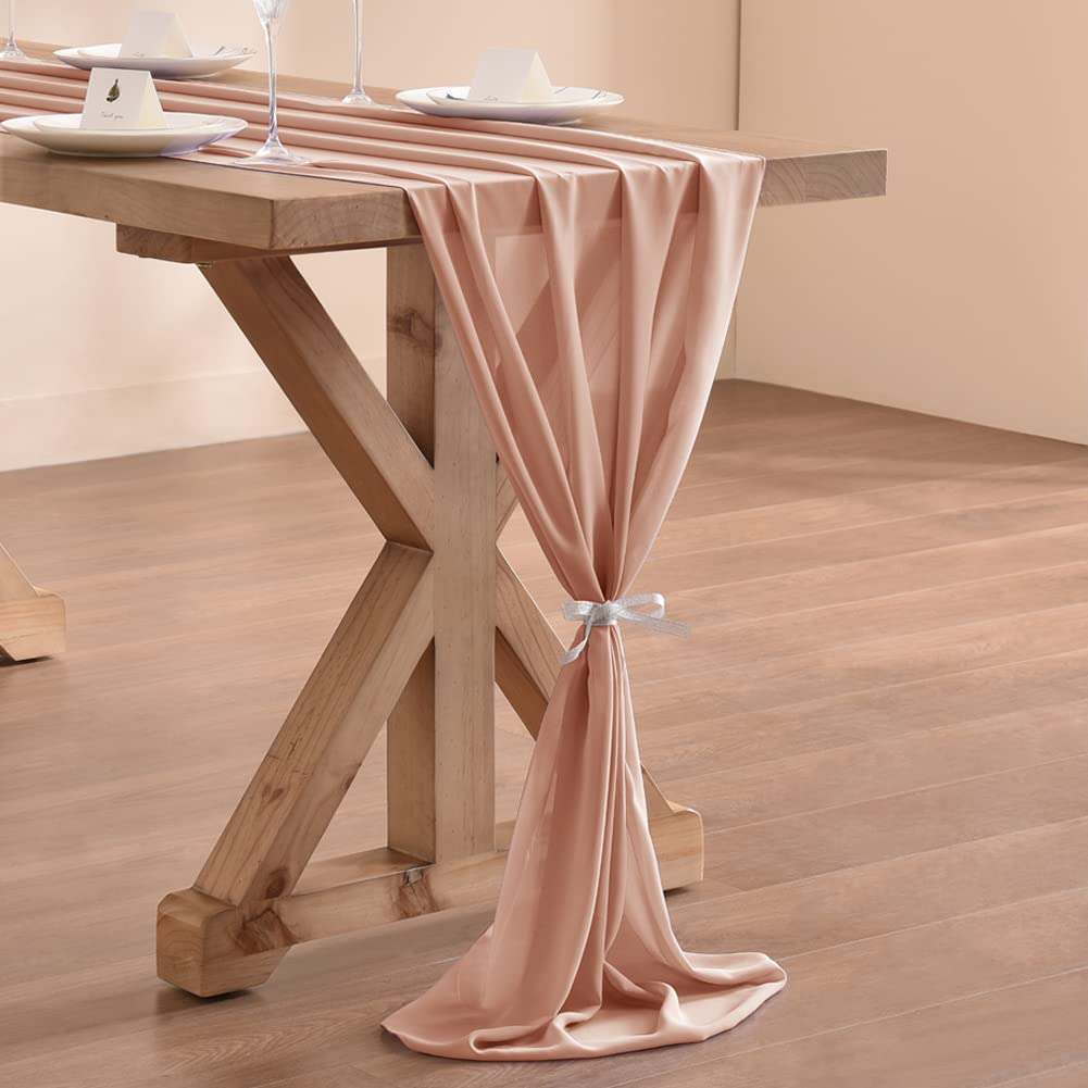 Rose Gold Chiffon Table Runner - 14ft (29x170 Inches) Elegant Wedding & Bridal Shower Decor for Easter, Spring, Boho & Rustic Weddings - Perfect for Romantic Dinners, Baby Showers & Home Decor