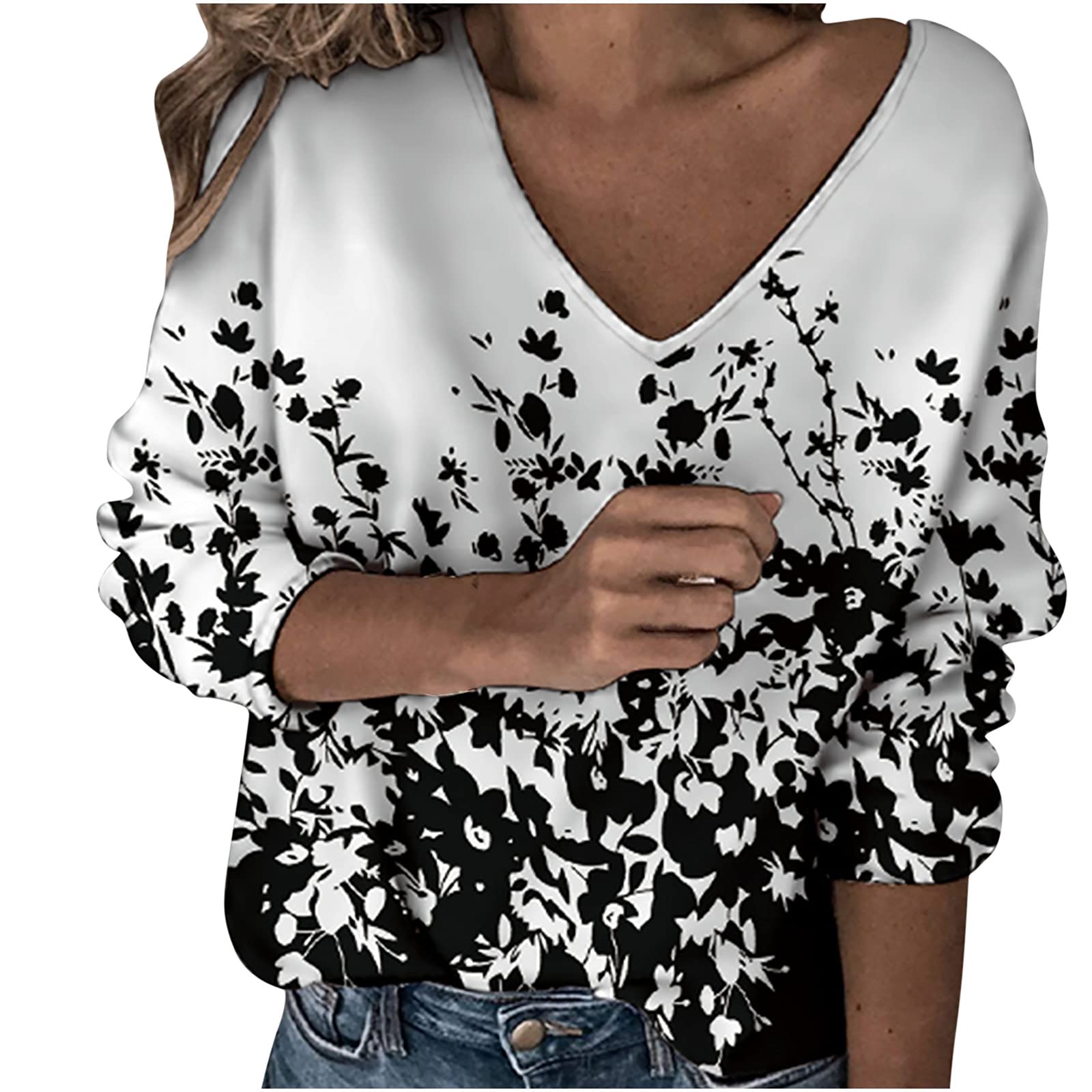 Women's Floral Print Long Sleeve V-Neck Blouse - Retro Autumn Casual Loose-Fit Pullover Sweatshirt in White | Perfect for Fall Outfits, Office Wear & Weekend Brunch