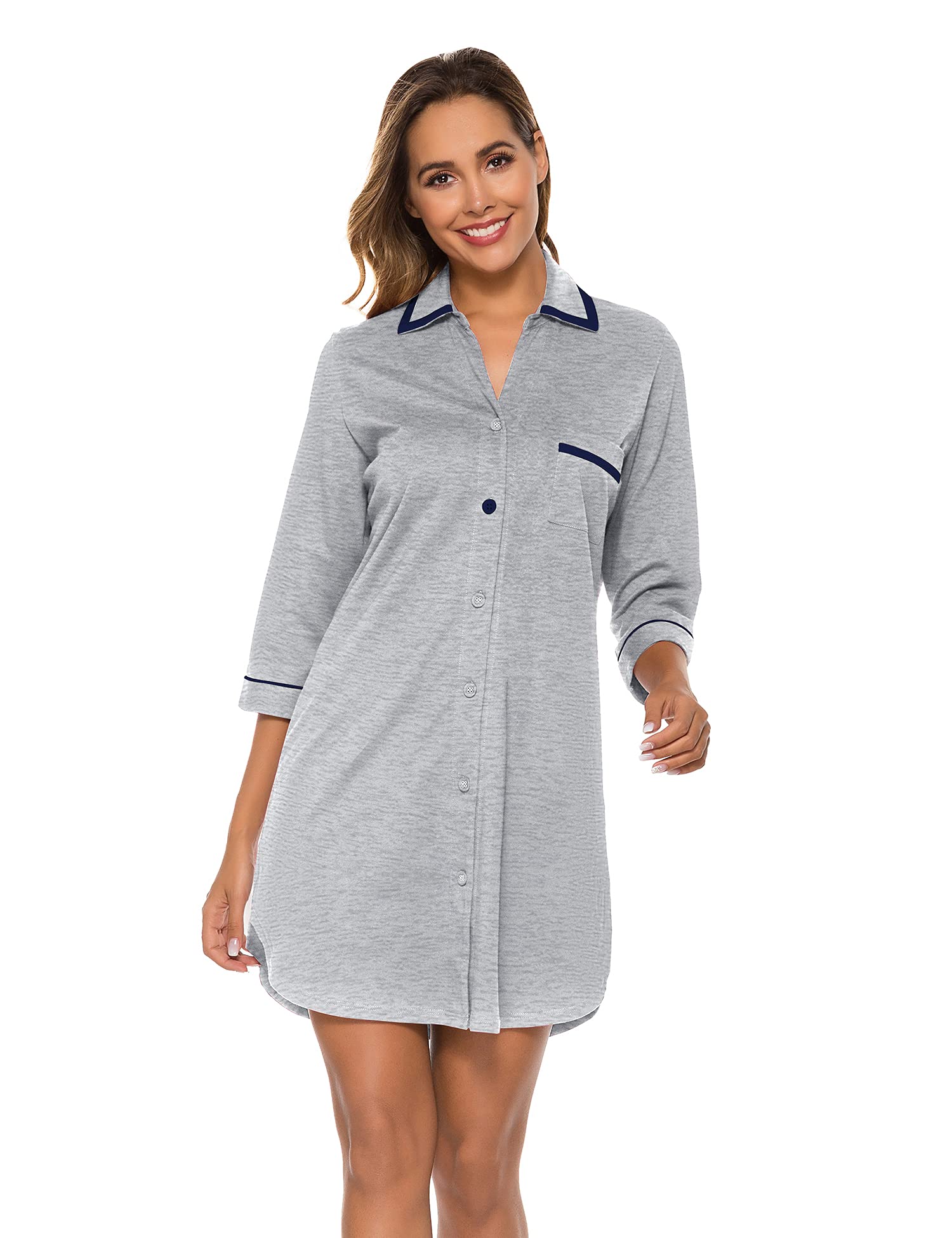 COLORFULLEAF 100% Cotton Women's Nightgown - 3/4 Sleeve Button Down Sleep Shirt, Soft Comfortable Sleepwear Night Dress (Sizes S-XXL) for Relaxing at Home, Lounging & Overnight Stays