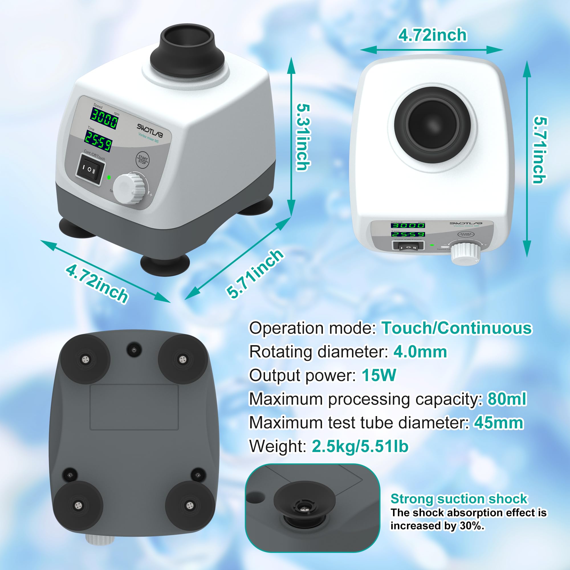 **Lab Vortex Mixer - Adjustable Speed 400-3000 RPM with LED Display, Touch & Continuous Function - Ideal for Acrylic Paints, Nail Polish & Lab Tubes - Perfect for DIY Crafts, Nail Art & Scientific Experiments**