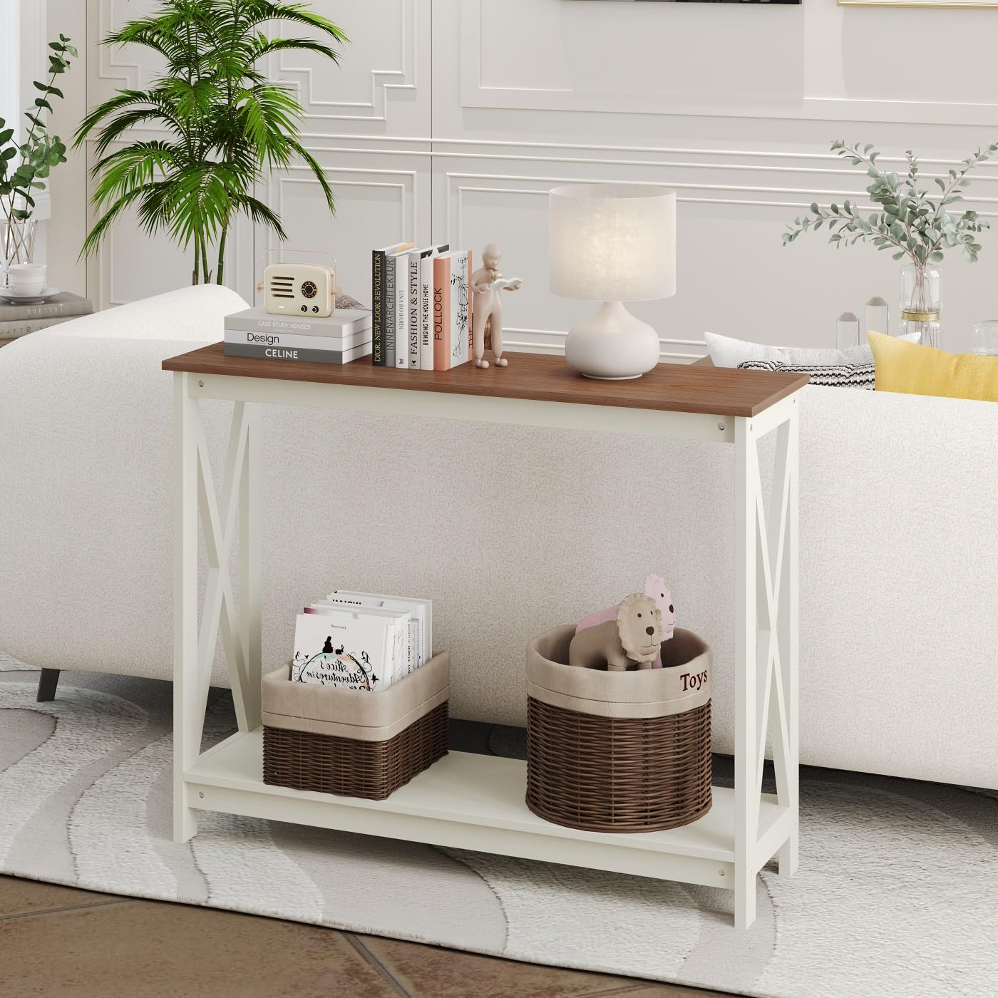 MFSTUDIO 2-Tier Console Table with Storage Shelf - Rustic Sofa Table, End Table, Computer Desk & Coffee Table for Living Room, Hallway, Bedroom - Perfect for Small Spaces & Home Office (Ivory)
