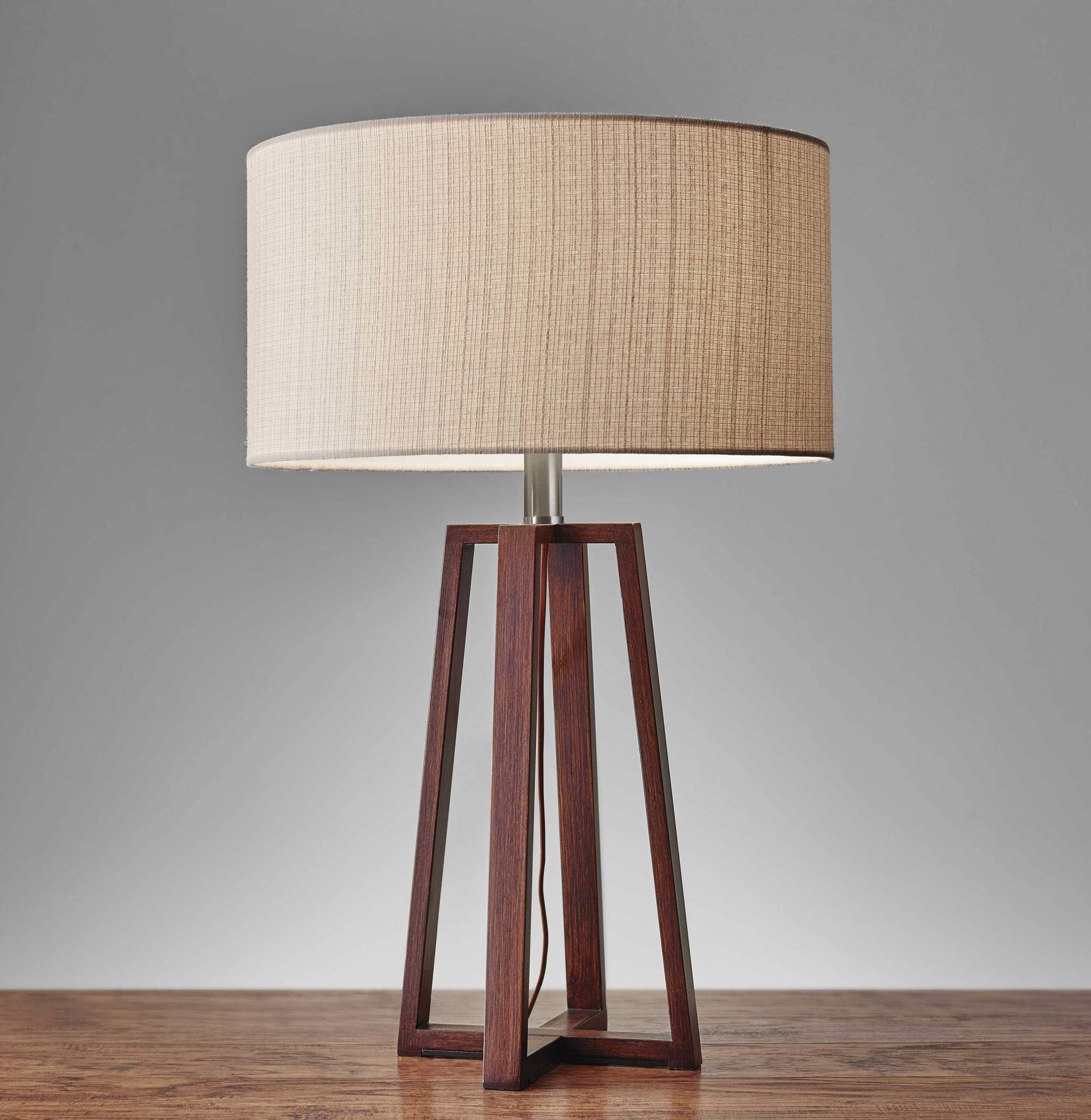 HomeRoots Walnut Wood Finish Linen Fabric Shade Table Lamp - Elegant Bedside & Living Room Lighting for Home Decor