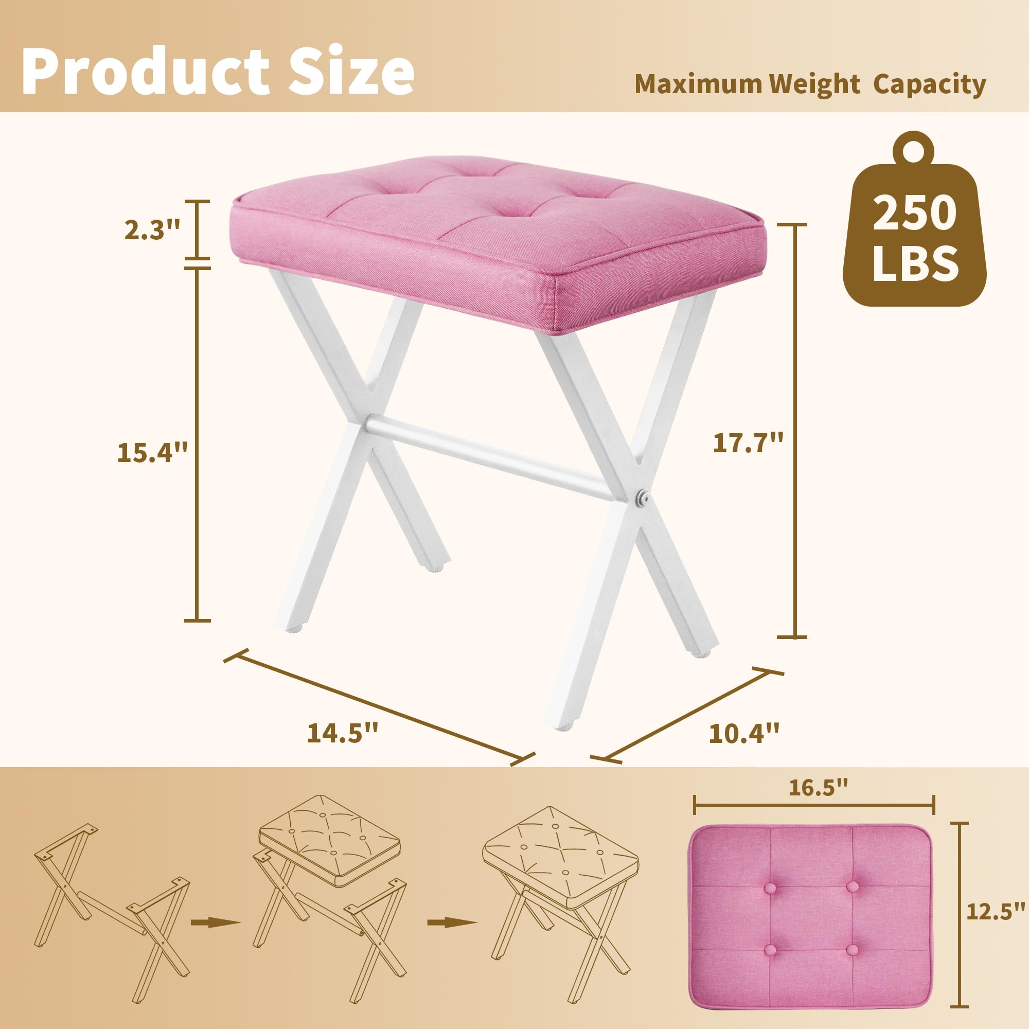 Pink Upholstered Vanity Stool with Metal X Legs - Makeup Chair, Ottoman Footrest for Bedroom, Bathroom & Living Room - Soft Padded Seat for Entryway & Dressing Area - Home Decor & Comfortable Seating Solution