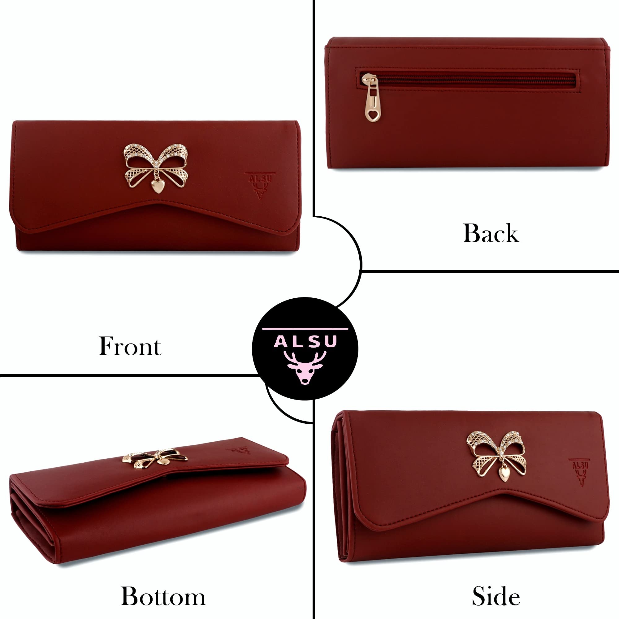 ALSU Women's Hand Wallet Purse Clutch with Phone Pocket, 4 Card Slots & Coin Pockets - Smooth Leather Material (Maroon) - Perfect for Parties, Weddings & Evening Events