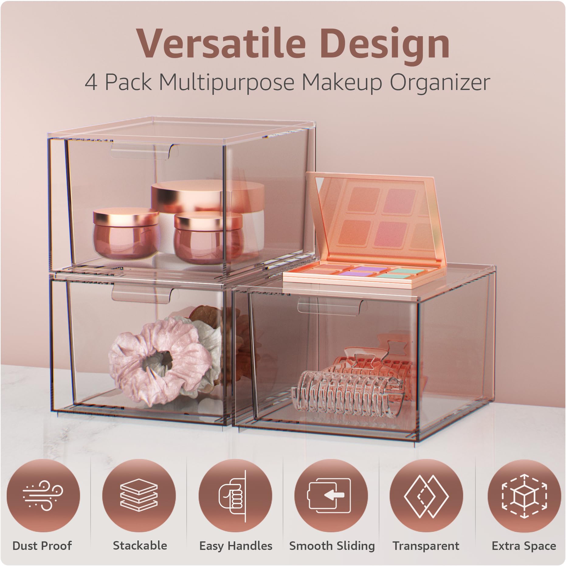 Clear Stackable Storage Drawers 4-Pack - Acrylic Organizer for Vanity, Bathroom & Kitchen | Home Organization Solution