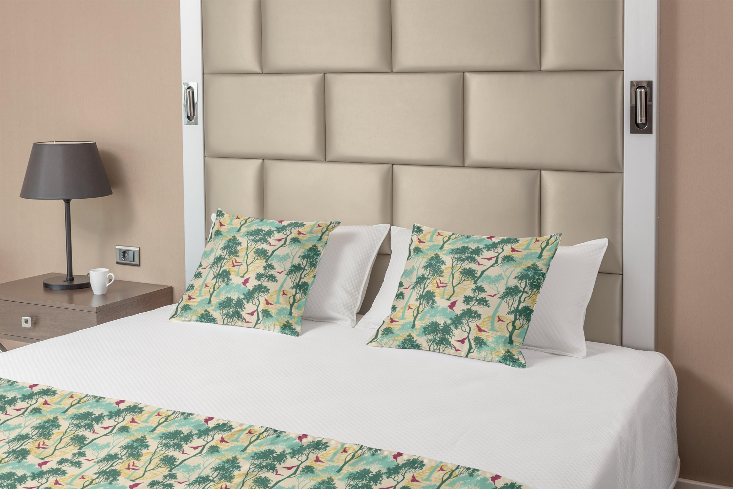 Ambesonne Hand-Drawn Forest Bed Runner Set with Trees & Birds - Decorative Bedding Scarf & 2 Pillow Shams for Queen Bed, Grey Yellow Seafoam - Perfect for Hotel & Home Bedroom Decor
