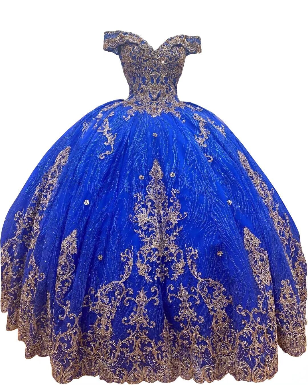Gold Beaded Glitter Tulle Quinceanera Dress for Women - Off Shoulder Sweet 16 Prom Gown with Applique Details (2025 Collection) | Perfect for Quinceañeras, Prom Nights, Sweet 16 Parties & Special Occasions