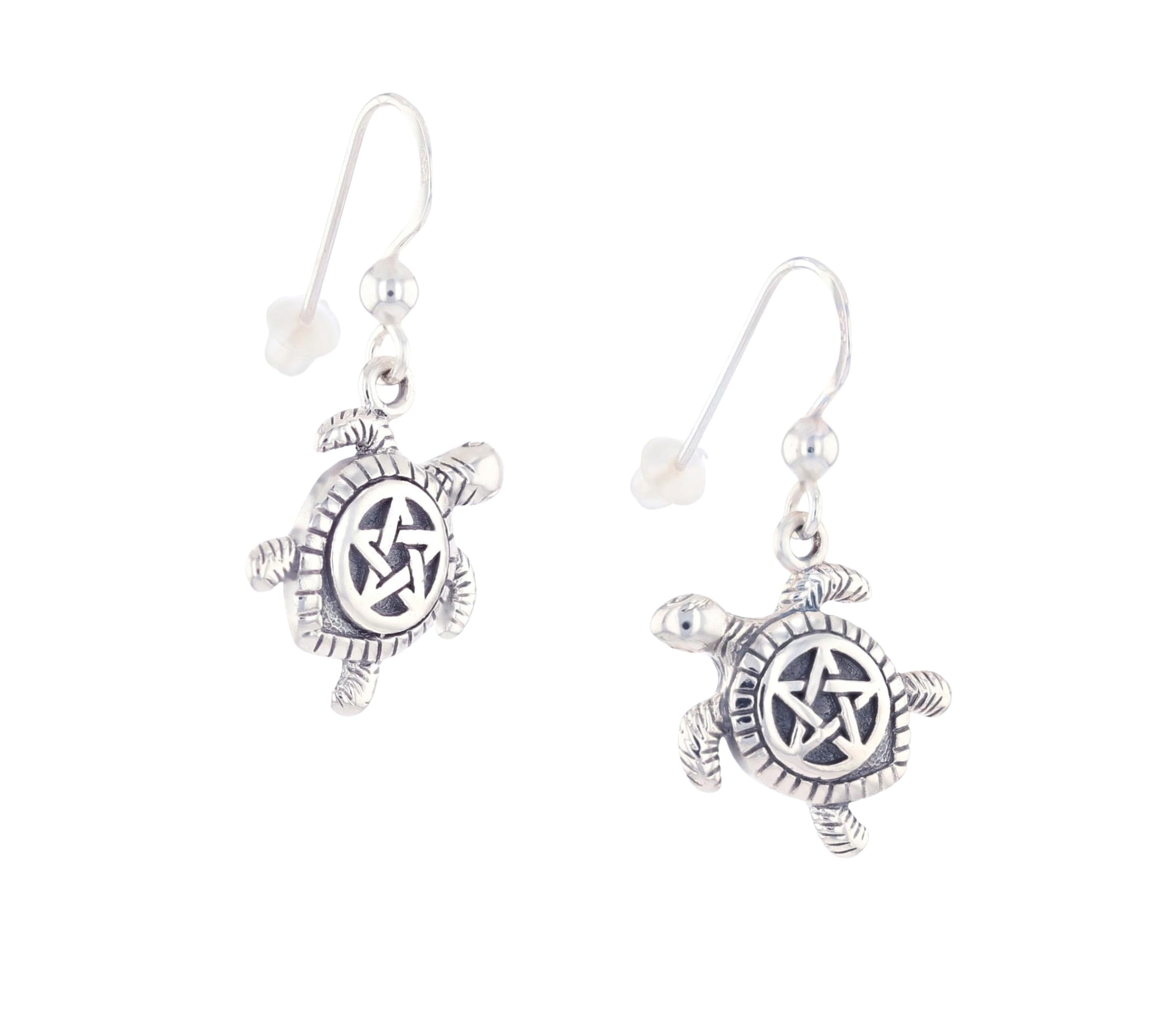 Pentacle Sea Turtle Sterling Silver Dangle Earrings - Handmade Boho Jewelry for Women, Beach Vacation & Nature Lovers