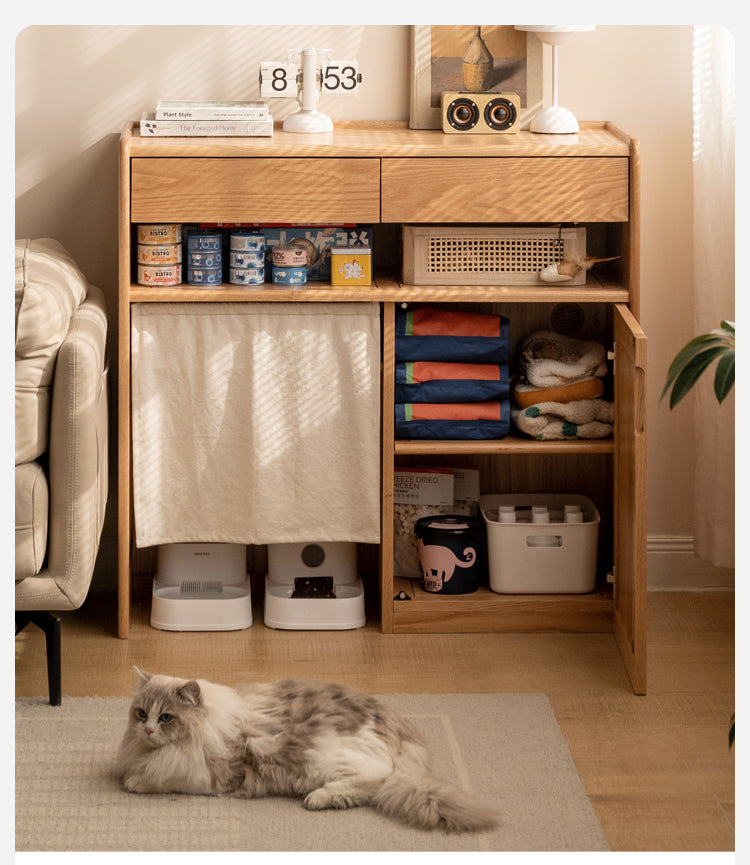 Solid Oak Wood Side Cabinet with Cat Pet Supplies Storage - Perfect for Living Room, Bedroom, or Entryway Organization - Compatible with Robot Vacuum Cleaners