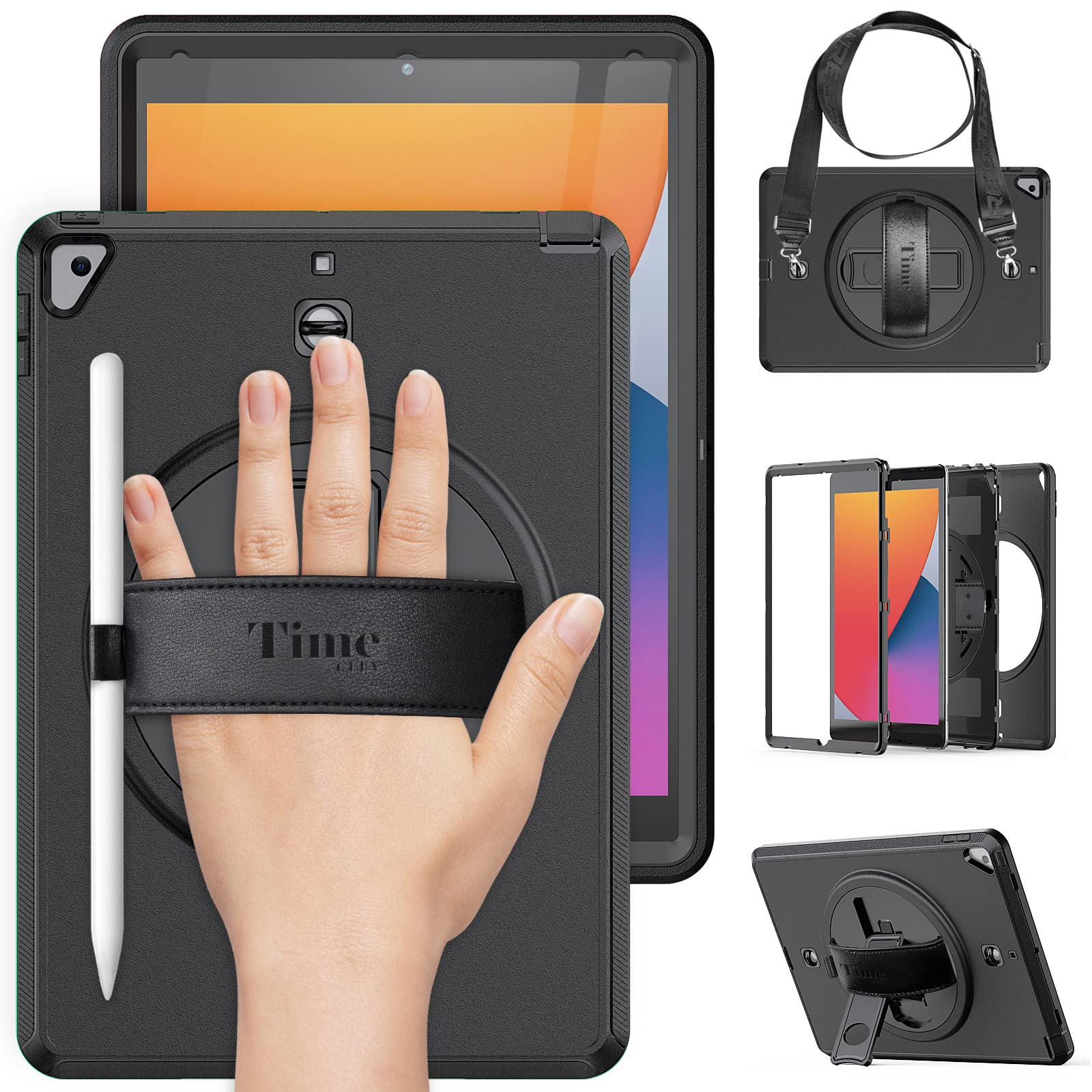Timecity iPad 7th/8th/9th Generation Case (10.2 inch 2019-2021) - Heavy Duty Protective Cover with Built-in Screen Protector, Rotating Stand, Hand/Shoulder Straps & Apple Pencil Holder - Black | Perfect for Work, School & Travel