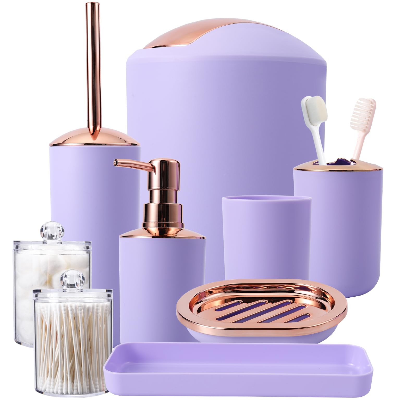 **9-Piece Purple Bathroom Accessories Set - Trash Can, Soap Dispenser, Soap Dish, Toilet Brush with Holder, Toothbrush Holder, Tumbler Cup, Tray & Q-Tip Holders - Perfect for Modern Bathroom Decor & Organization**