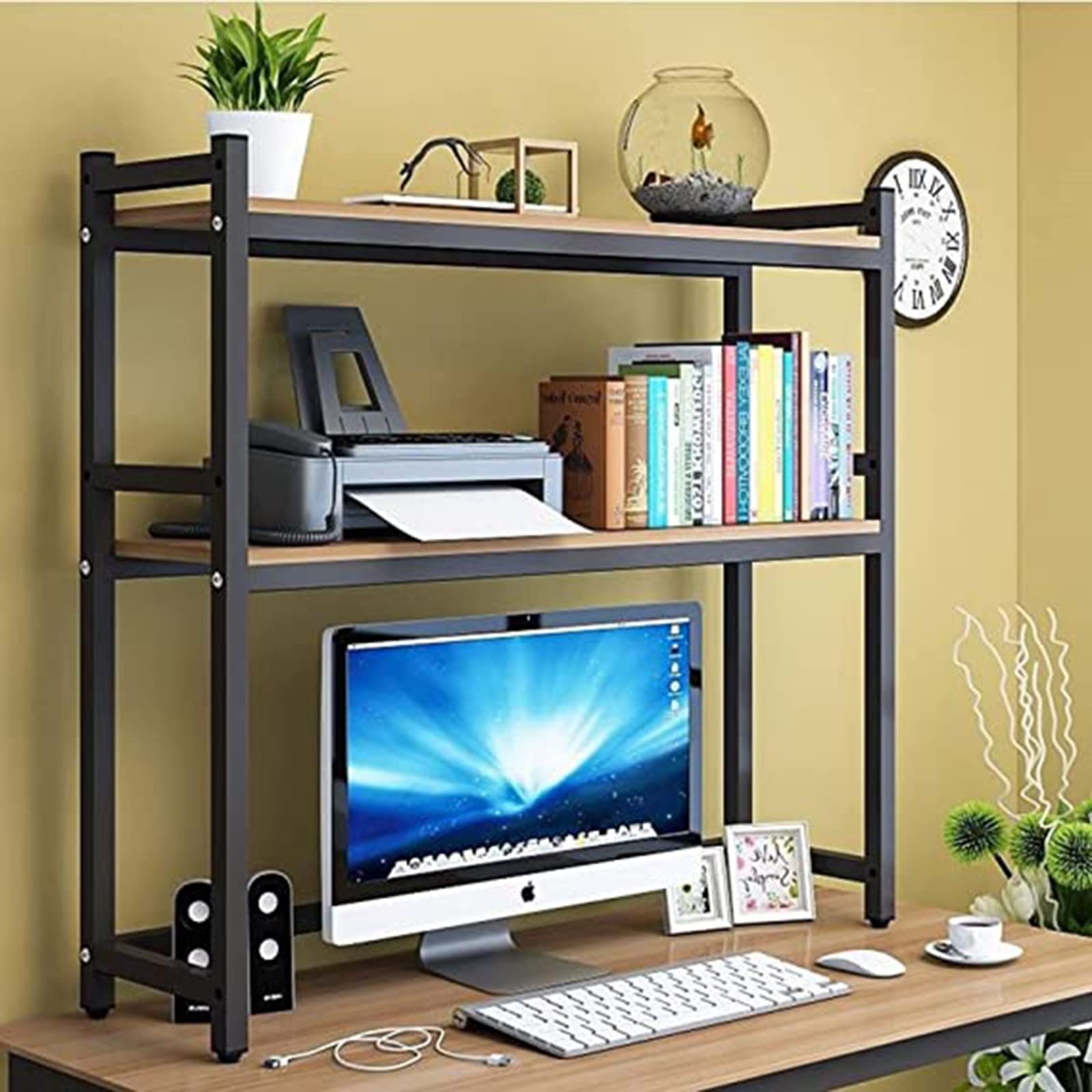 Adjustable Wood & Metal Desktop Organizer - 2 Tier Office Storage Shelf for Printer, Books & Supplies | Space-Saving Desk Hutch for Home & Office Workspaces | Black Finish | Perfect for Small Spaces & Clutter-Free Organization