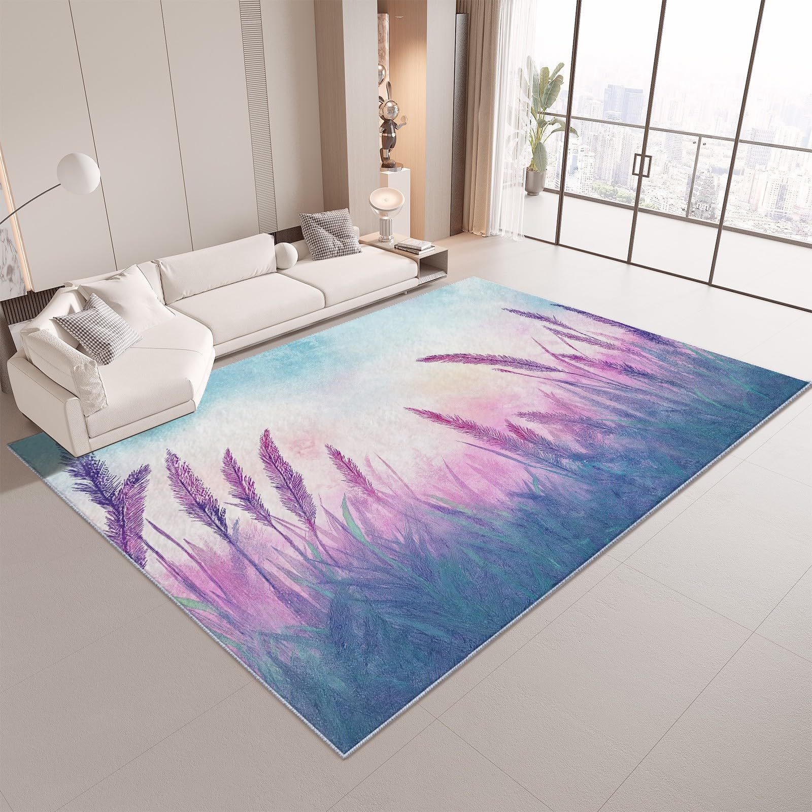 Spring Themed Purple & Blue Faux Wool Area Rug - Non-Slip, Machine Washable 7x8 Ft Soft Rug for Kids Bedroom, Living Room, Dining Room, Nursery & Home Office Decor - Perfect for Cozy Family Gatherings and Playtime