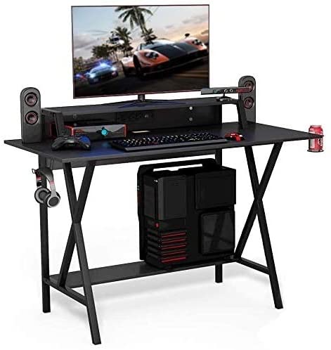 BUSHLY Gaming Desk - 55 Inch Black Computer Desk with Cup Holder, Headphone Hook & Cable Management | Ergonomic Home Office Desk for Gamers & Professionals | Perfect for Streaming, Video Editing & Remote Work