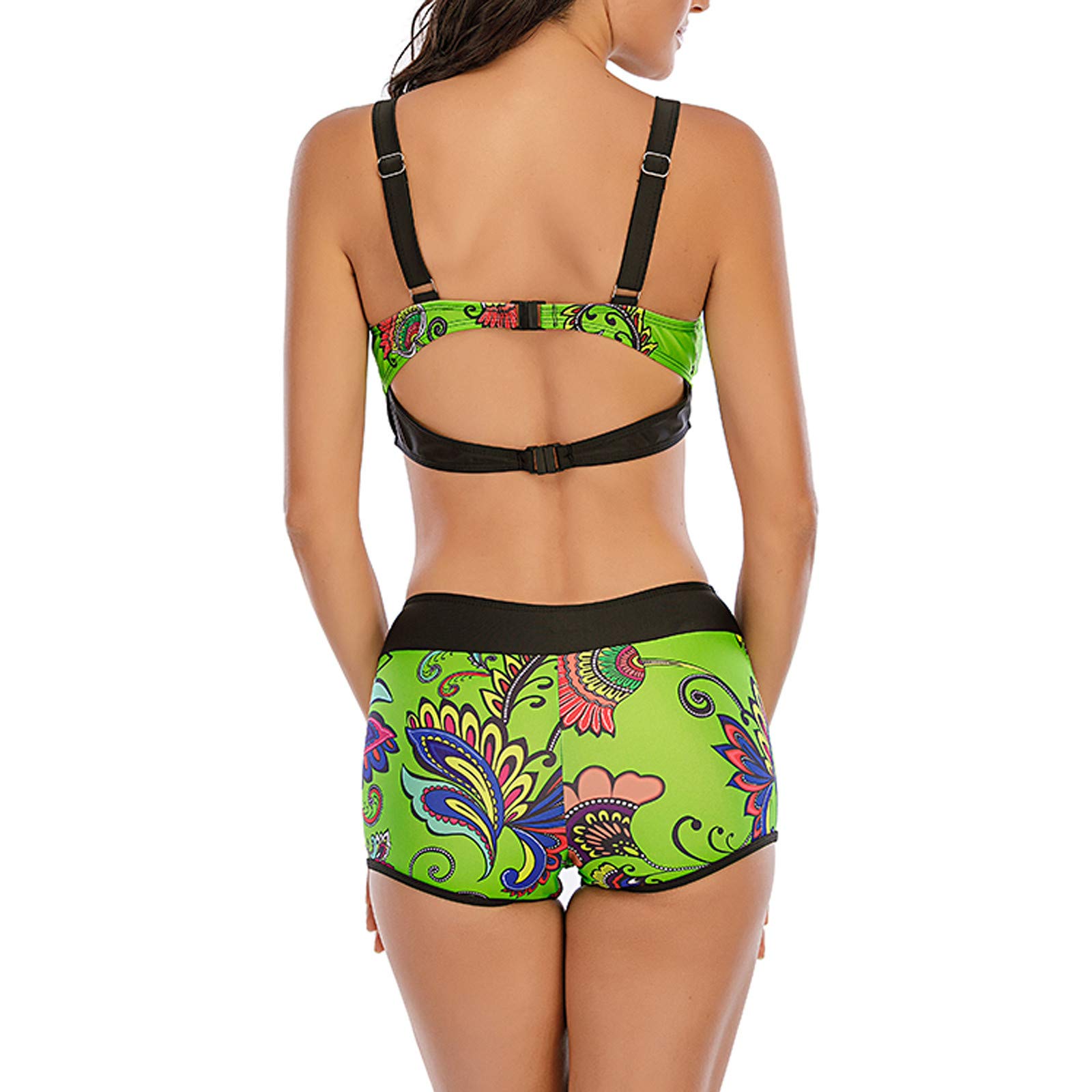 Smooto Women's Tummy Control Flowy Tankini Swimsuits - Two Piece Bathing Suit with Boyshorts & Flattering Tank Top | Floral Print Swimwear for Beach, Pool & Vacation (Green, Size 5 Small)
