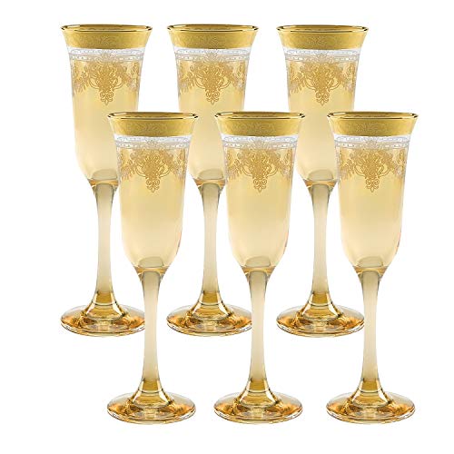 Elegant Modern Glass Drinkware Set - 9 oz Amber Flutes with Gold Band, Set of 6 - Perfect for Hosting Parties, Weddings & Special Events - Stylish Barware for Champagne, Cocktails & Celebrations