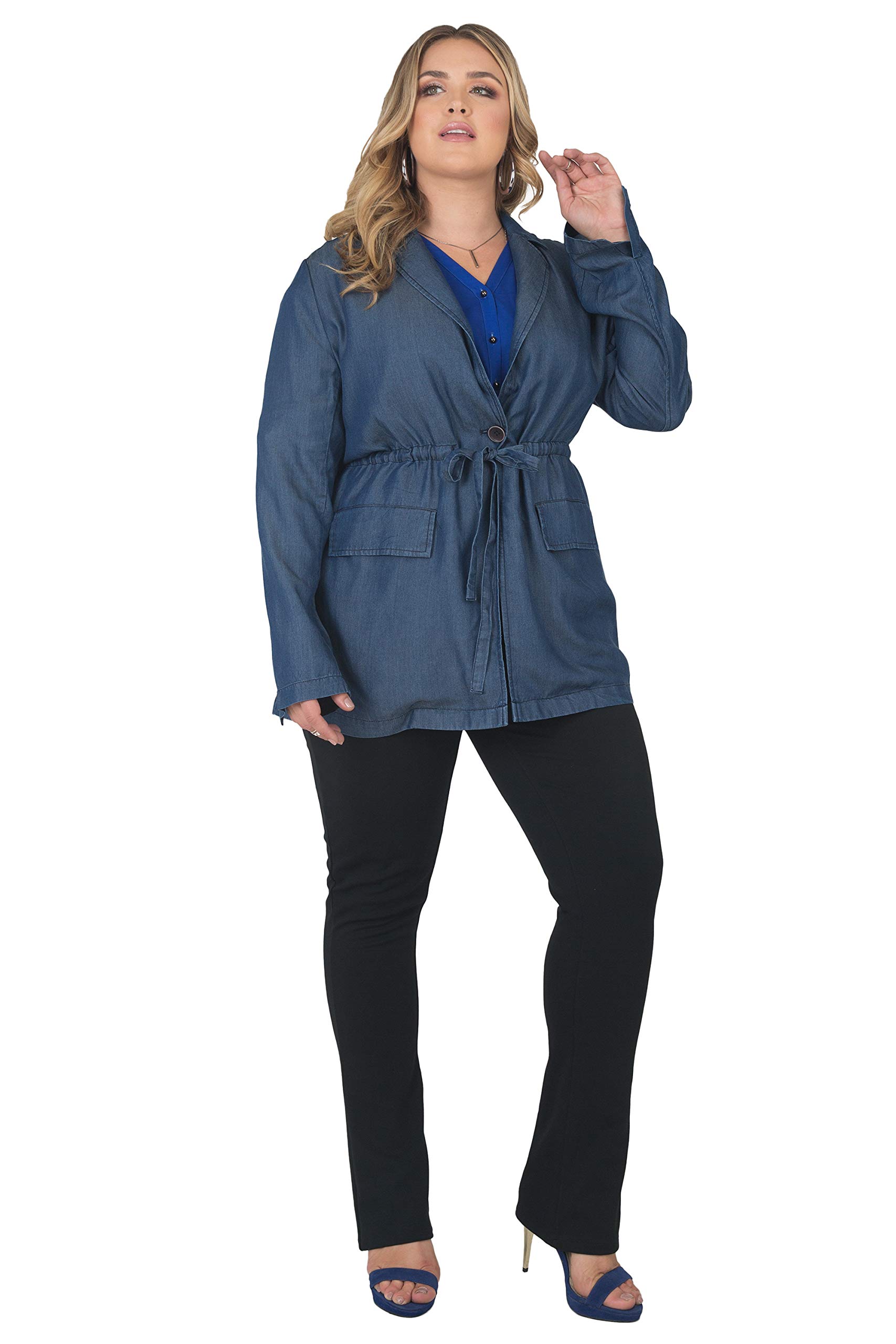 Plus Size Women's Dark Wash Tencel Denim Blazer with Drawstring Waist - Office Wear, Casual Outfits & Business Casual Attire
