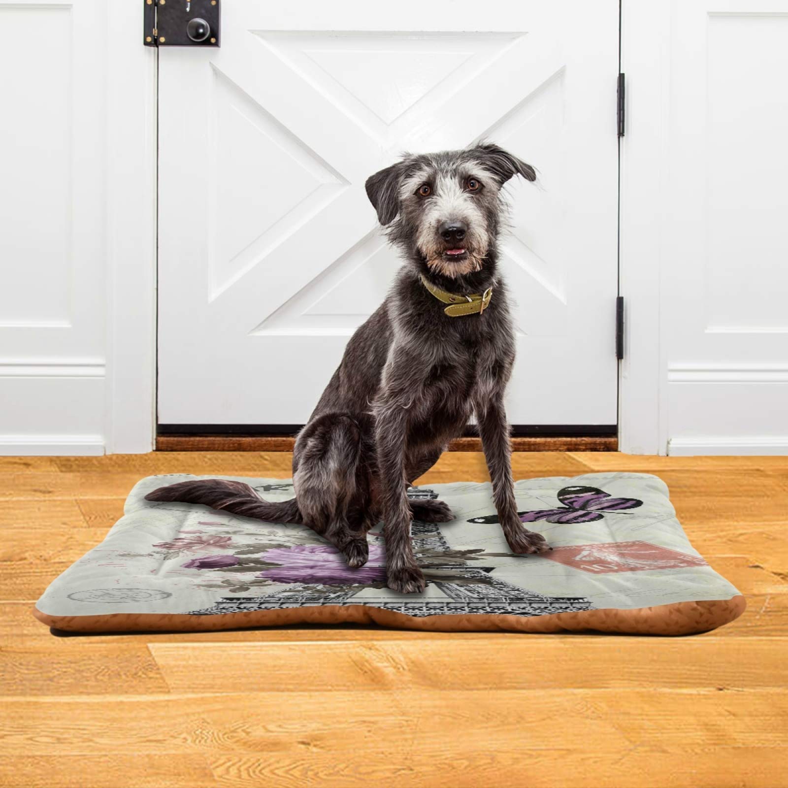 Paris Tower Butterfly Dog Bed & Cat Bed - Rectangle Ultra Soft Comfortable Pet Bed for Small, Medium & Large Dogs (36x24 Inch) - Calming Bed for Anxiety Relief, Perfect for Living Room, Bedroom & Pet Travel