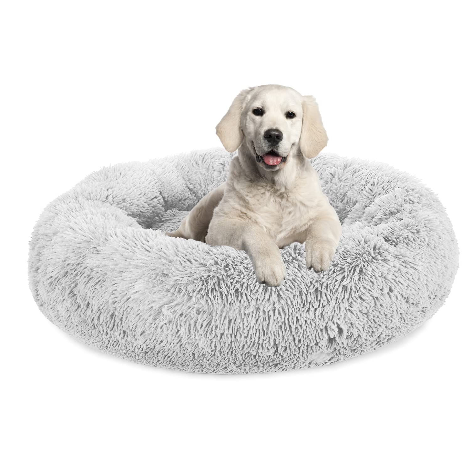 Plush Calming Donut Dog Bed for Small Medium Large Dogs & Cats - Anti Anxiety Round Pet Bed with Soft Fuzzy Material, Comfy Marshmallow Cuddler Nest - Perfect for Anxious Pets, Crate Training & Bedroom Use