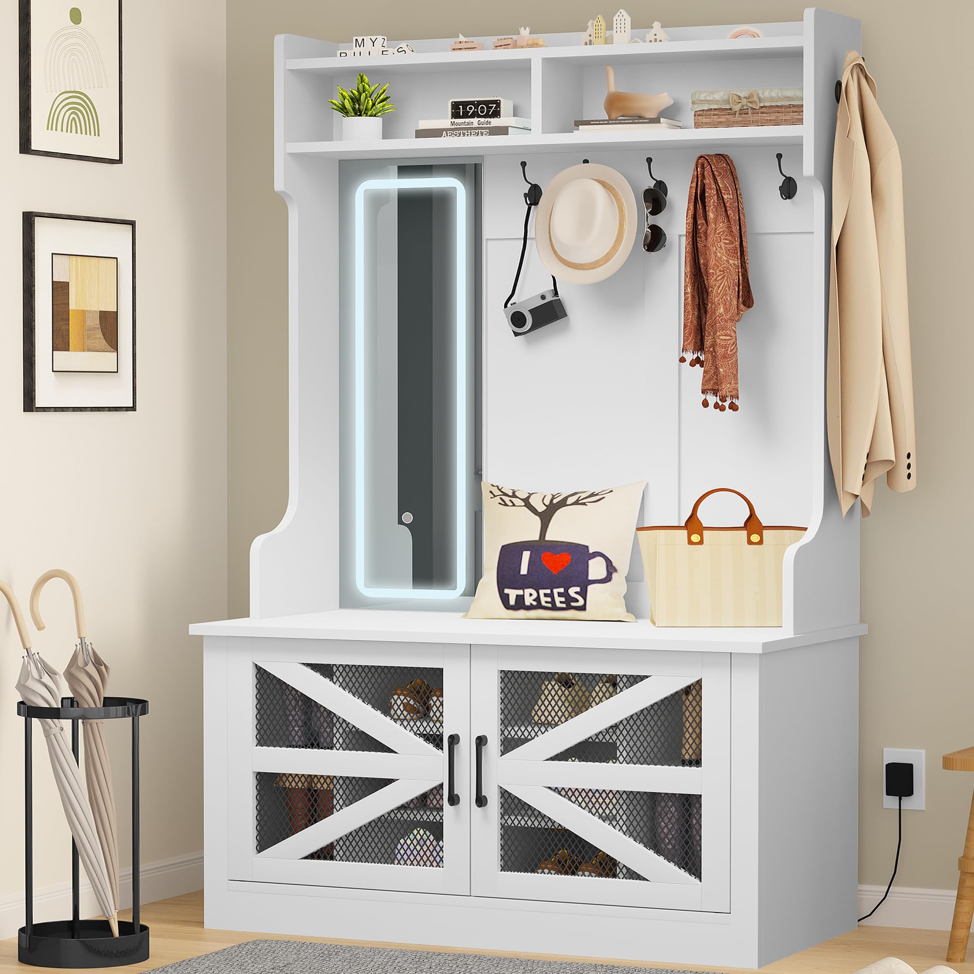 Farmhouse Entryway Hall Tree with 3-Mode Lighting Mirror, Coat Rack & Shoe Storage - Freestanding Entry Bench with Shelf for Hallway, Living Room & Mudroom Organization (White)