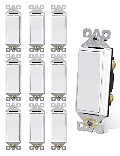 AIDA Single Pole Rocker Light Switch 15 Amp, Self-Grounding Decora Electrical Switch, Residential Grade UL Listed - 10 Pack White - Perfect for Home, Office & Commercial Lighting Control