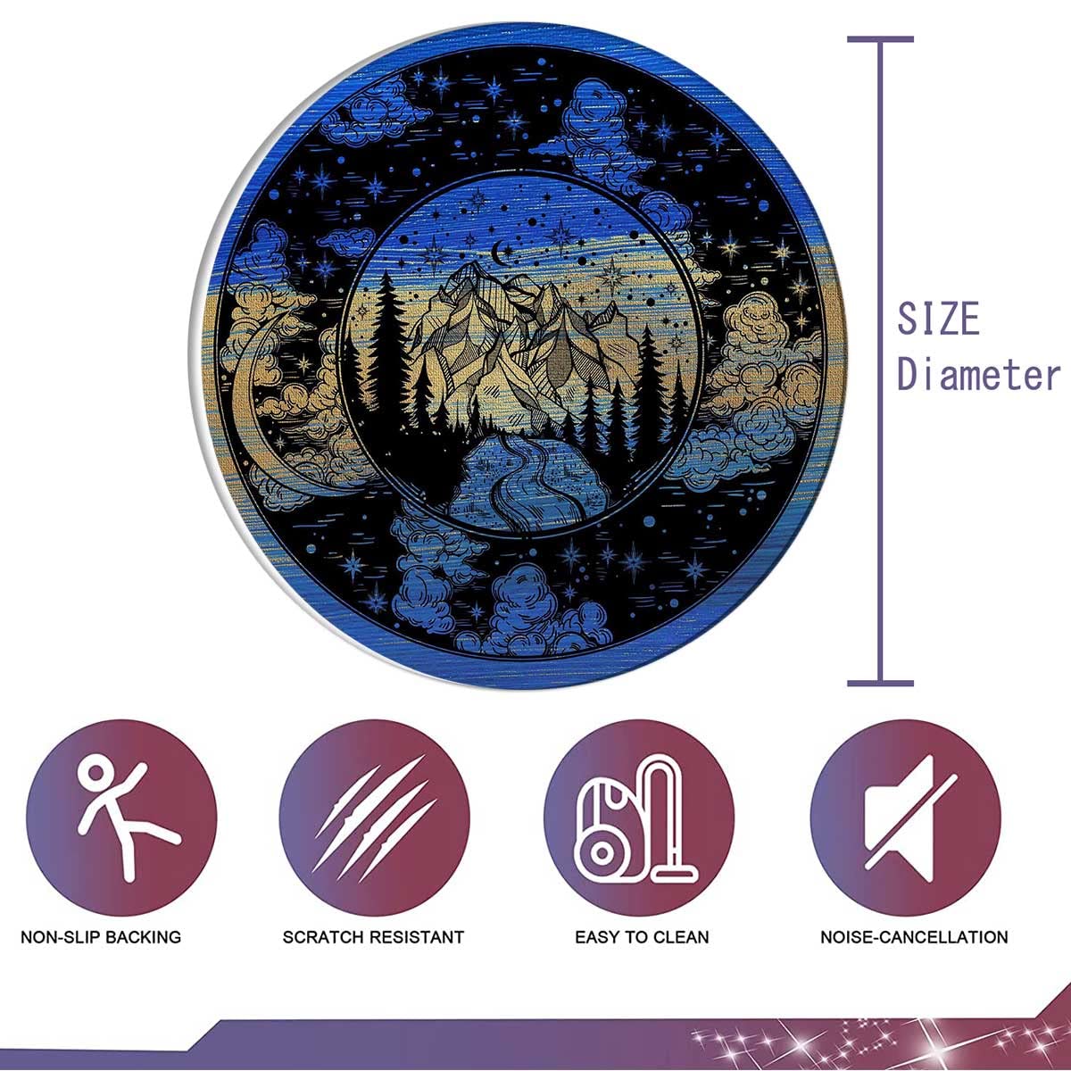 Non-Slip Blue High Chair Mat with Mountains & Night Sky Design - 43 Inch Office Chair Floor Protector for Gaming Desks, Home & Office Use - Perfect for Hardwood Floors & Carpet Protection