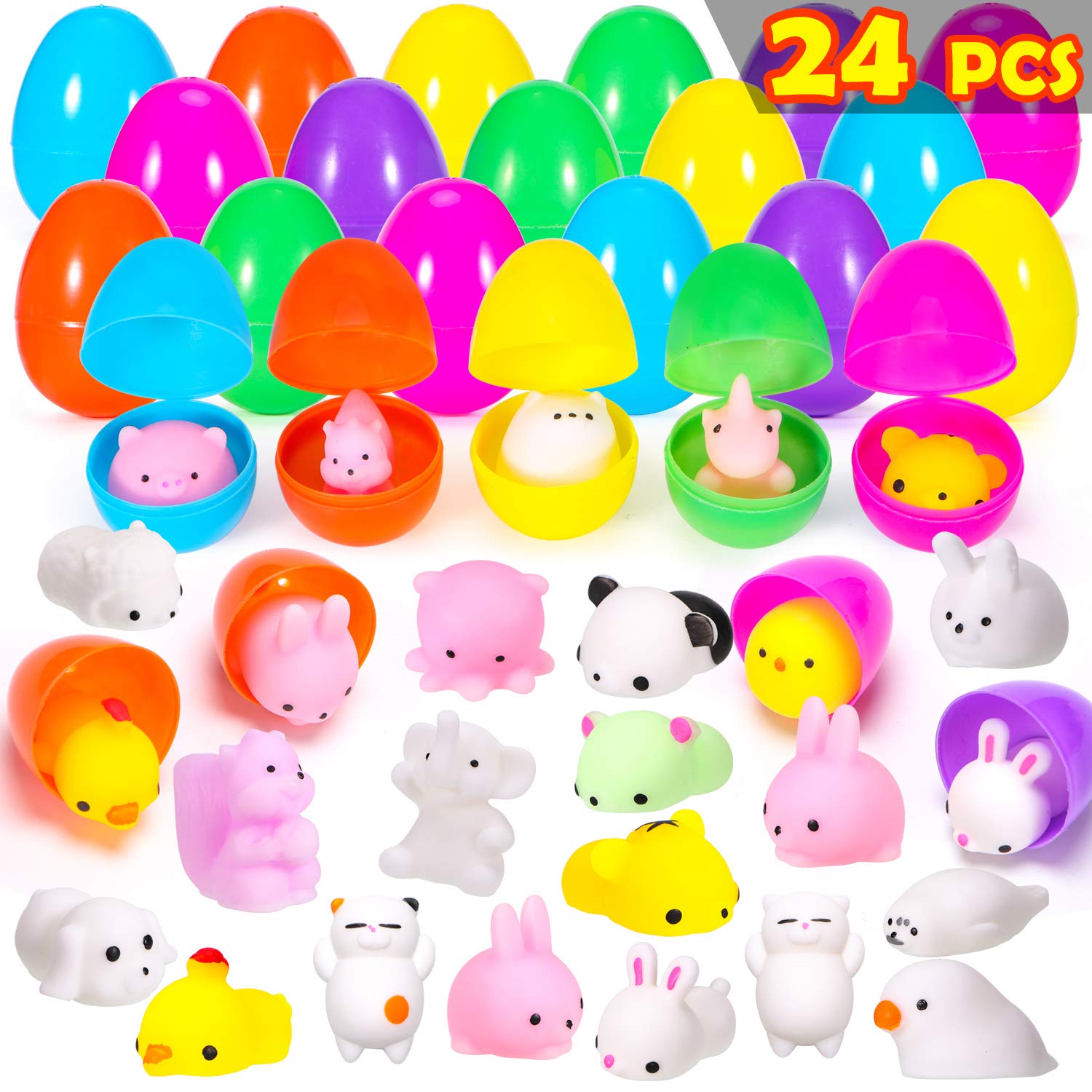 24-Piece Mochi Squishy Toys Easter Egg Set - Mini Soft Animal Stress Relief Toys for Easter Basket Fillers, Egg Hunt Party Supplies - Perfect for Easter Gifts, Party Favors & Sensory Play