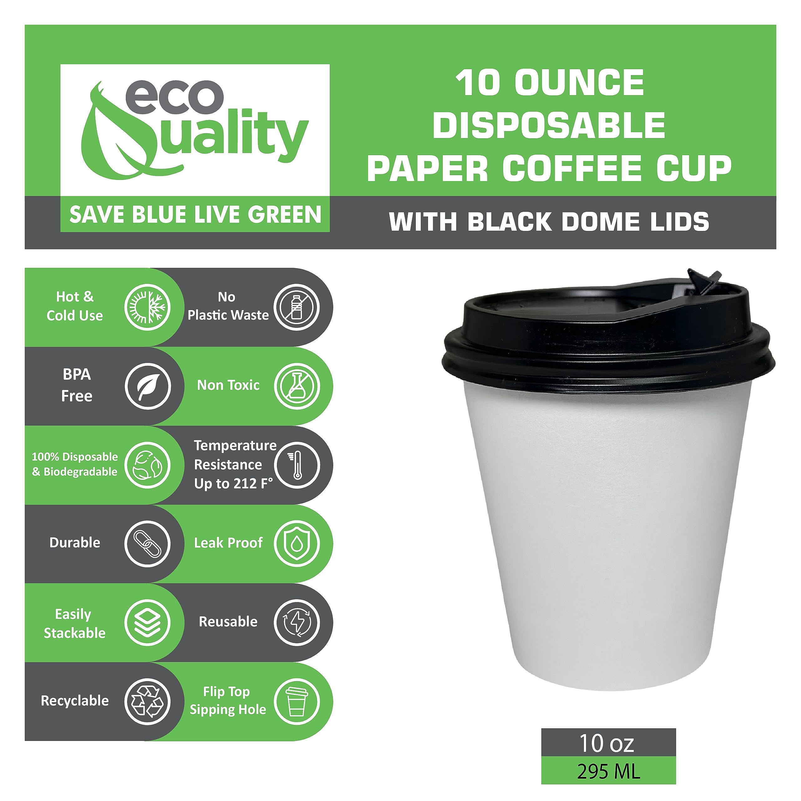 EcoQuality 10oz White Paper Coffee Cups with Black Lids (1000 Count) - Disposable Hot Drink Cups for Coffee, Tea, Cappuccino, Hot Chocolate - Perfect for Office, Travel, Cafes & Home Use
