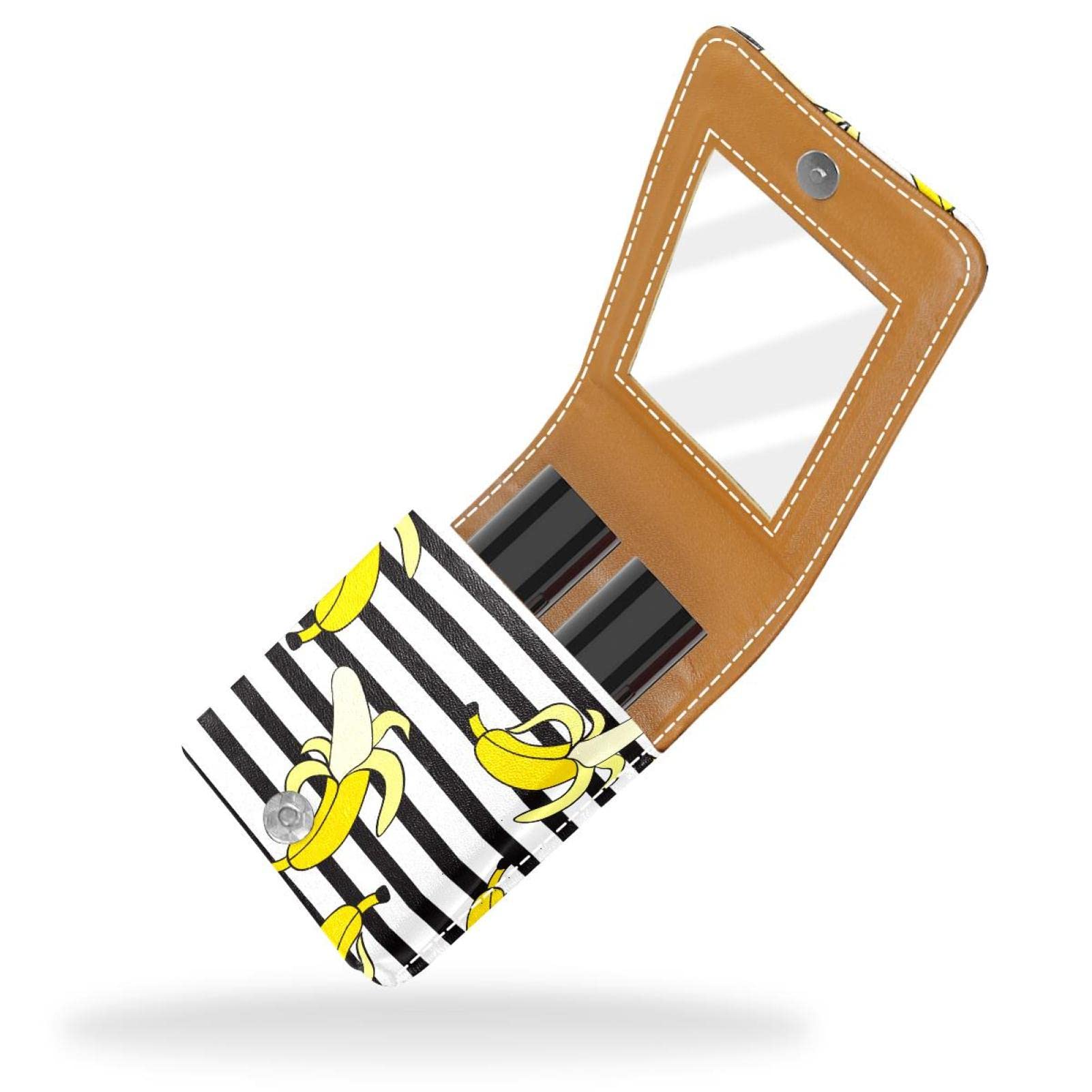 Personalized Lipstick Case - Portable Makeup Bag & Cosmetic Pouch Organizer with Banana Print on Black & White Stripes - Perfect for Travel, Home Storage & Gift Giving