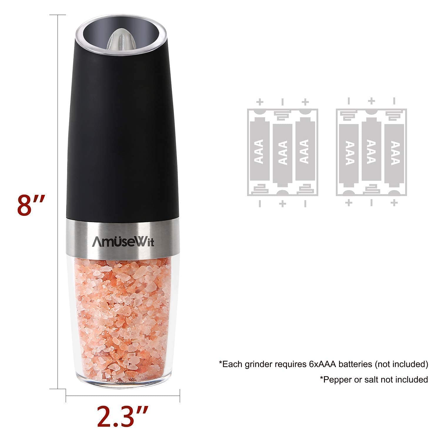 AmuseWit 6-Piece Gravity Electric Salt and Pepper Grinder Set - Battery Powered Automatic Salt & Pepper Mill with LED Light, Adjustable Coarseness, One-Hand Operation & Cleaning Brush - Perfect for Kitchen, Dining Table, Camping & Gifts