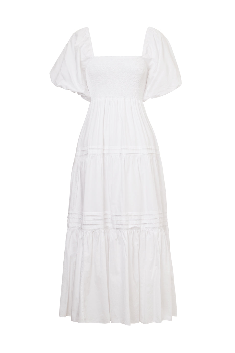 Elegant White Square Neck Bubble Sleeve Pleated Tiered Midi Dress for Women | Summer Wedding Guest Dress, Garden Party Outfit & Casual Date Night Attire
