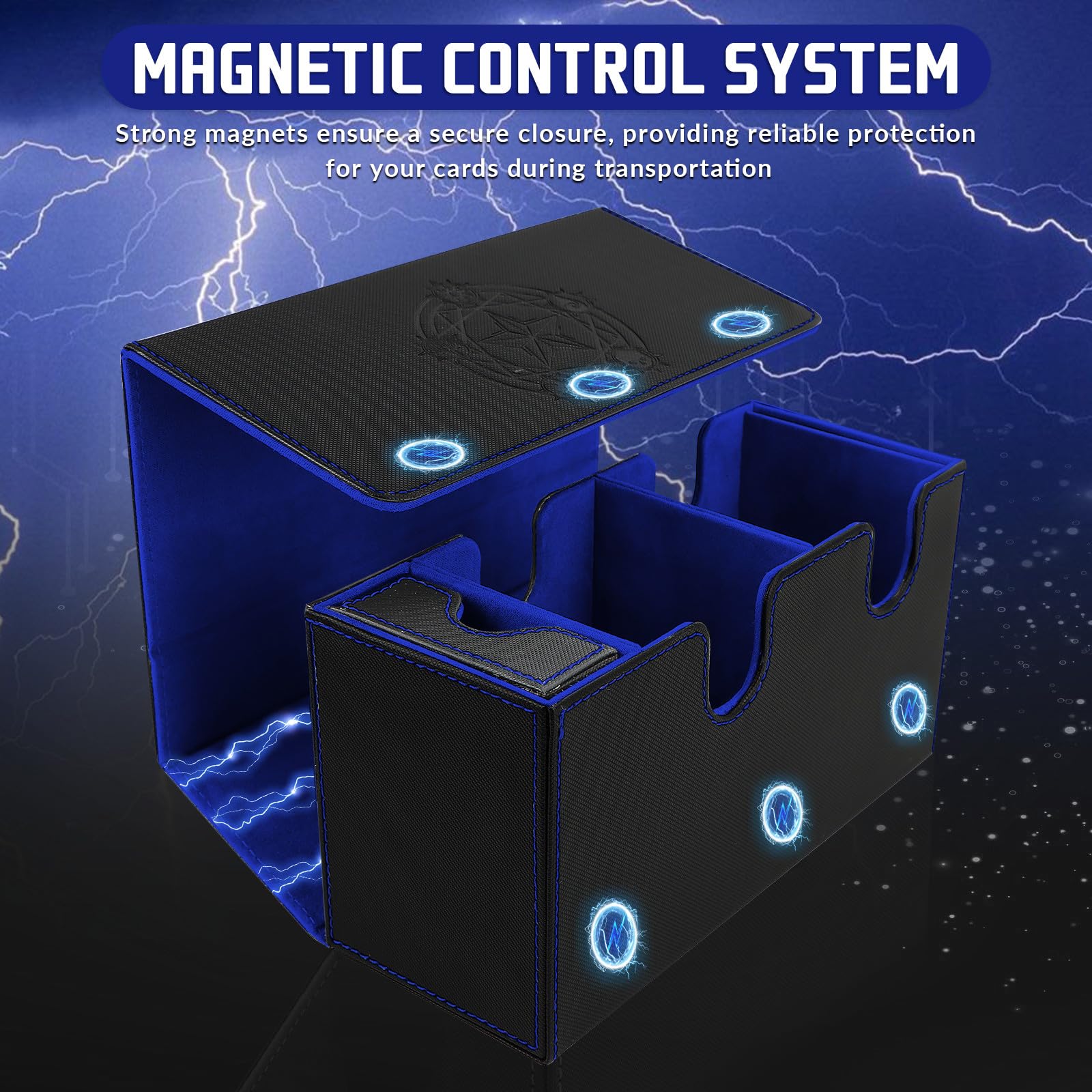 Premium MTG Deck Box for Commander - Magic the Gathering Card Storage with Dice Tray, 2 Dividers & 35PT Magnetic Holder - Holds 200+ Sleeved Cards (Black & Blue) - Perfect for MTG Tournaments, Game Nights & Card Collection Organization