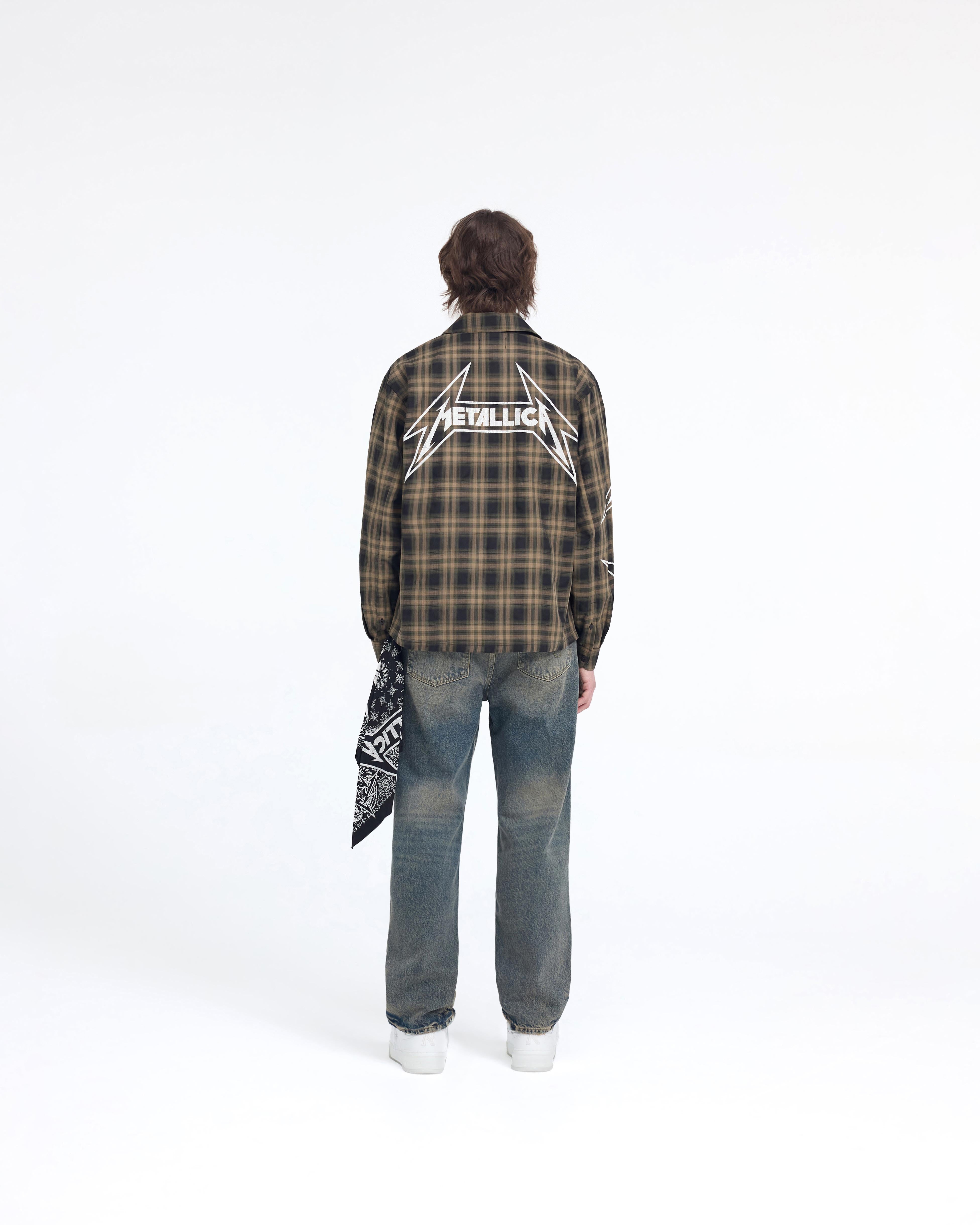 Represent X Metallica Flannel Shirt in Tobacco - Vintage Rock Band Graphic Button-Up Shirt for Men, Casual Grunge Style Outfit for Concerts & Streetwear