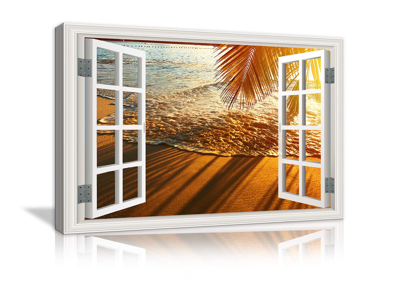 AMEMNY Sunset Ocean Beach Palm Trees Wall Art - Framed Canvas Painting for Home Decor, Living Room & Bedroom | Coastal Landscape Seascape Print | Modern Window Frame Style | Perfect for Beach House, Vacation Rental & Coastal-Themed Interiors