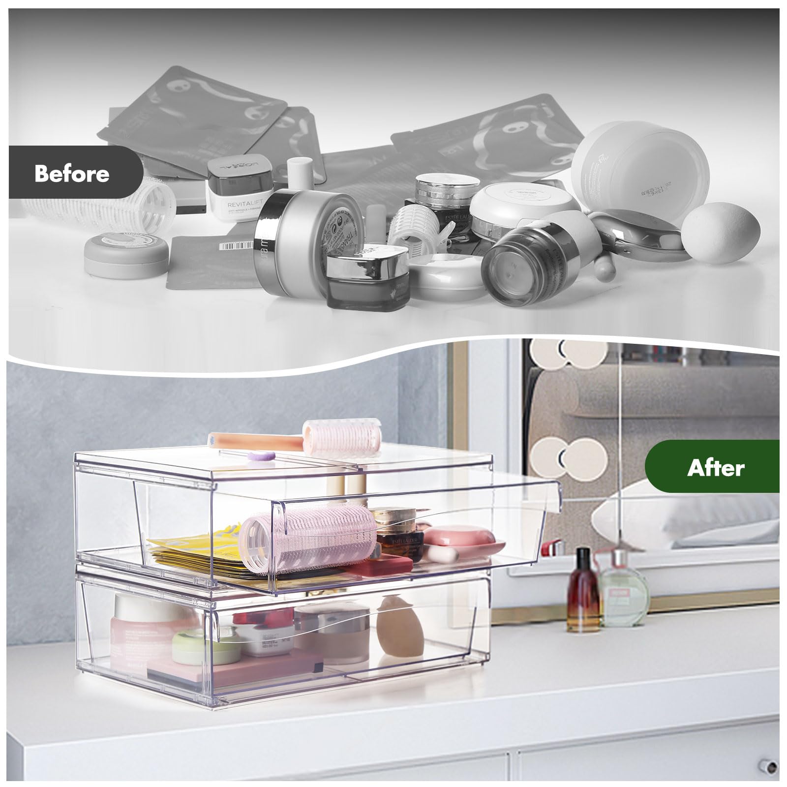 Clear Acrylic Makeup Organizer with 2 Drawers - Stackable Cosmetic Storage Box for Vanity, Bathroom & Desk - 3-Piece Set for Makeup Brushes, Skincare & Jewelry Organization