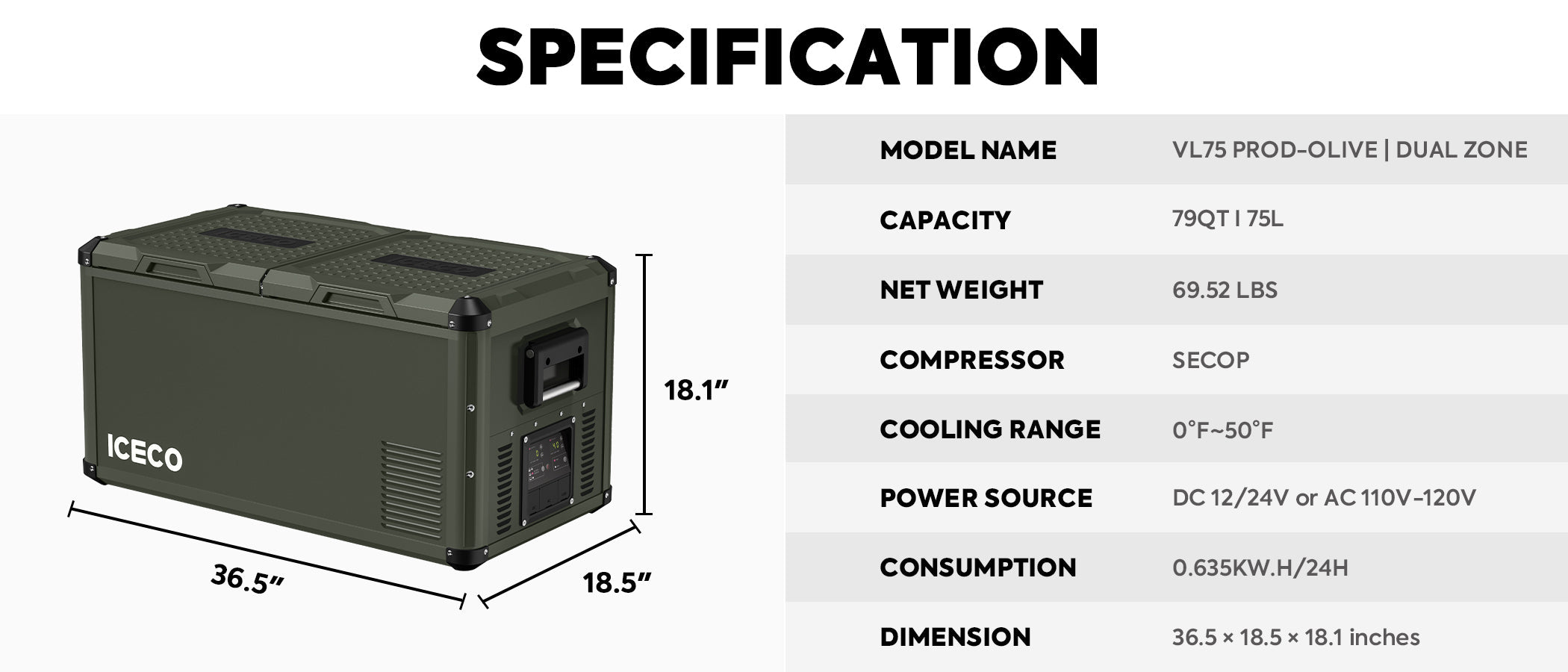 ICECO VL75ProD 75L 12V Heavy Duty Portable Fridge Freezer for Camping, RV, Truck & Outdoor Adventures - Dual Zone Refrigerator & Freezer with Low Power Consumption