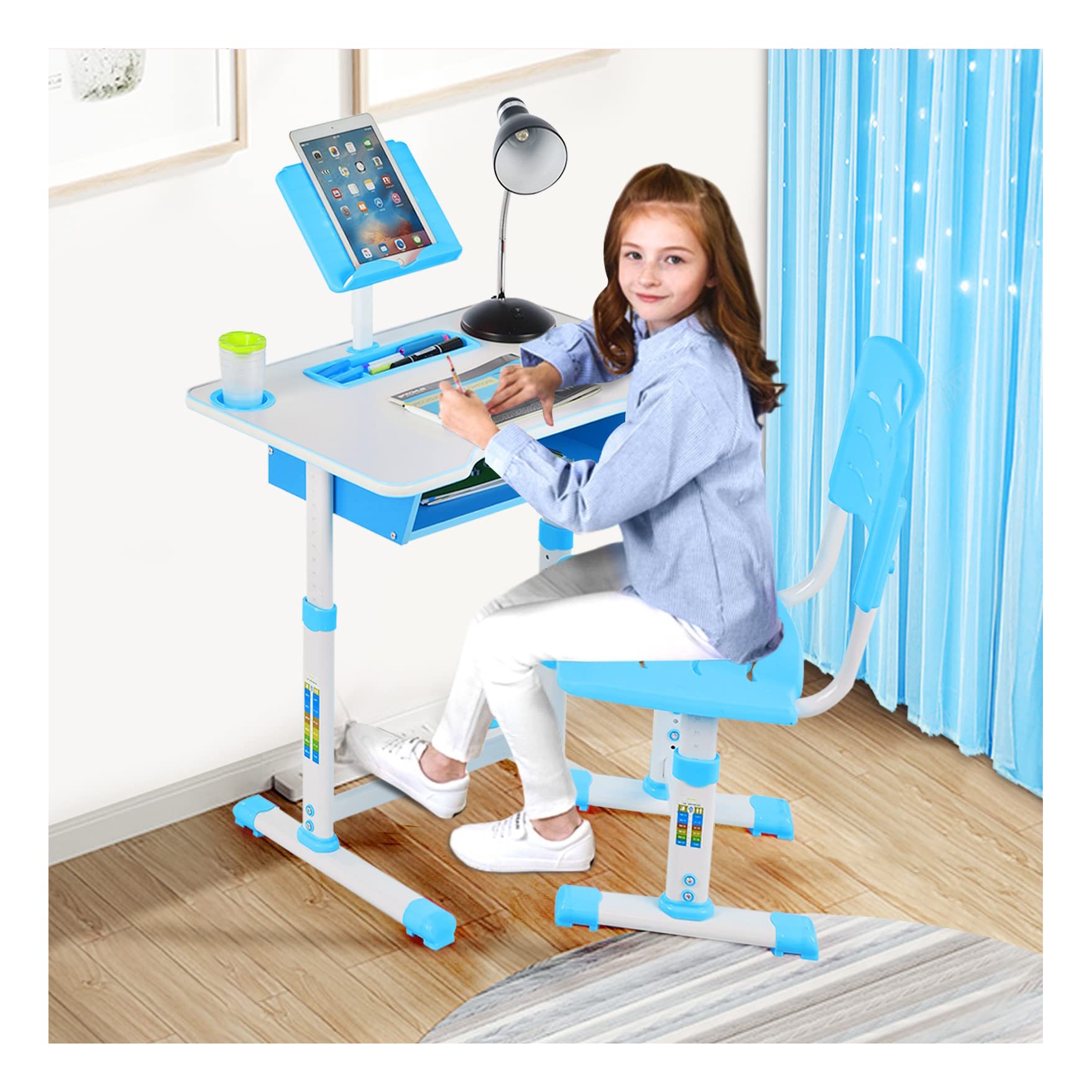 Vehpro Adjustable Height Kids Table and Chair Set with Book Stand & Drawer - Toddler Desk 23.6