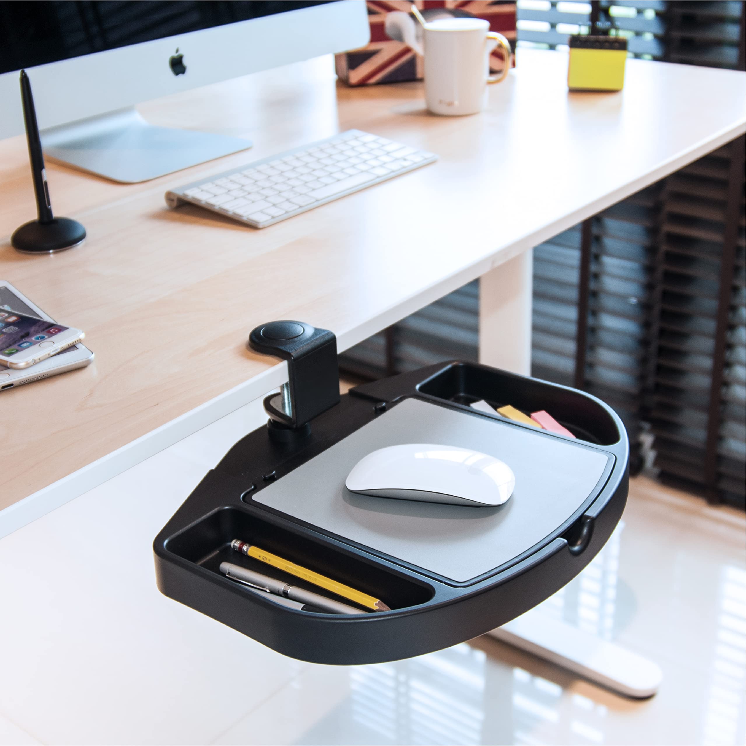 EHO Clamp-On Desk Organizer - Multifunctional Under Desk Storage with Pencil Holder, Mouse Pad & Swivel Design | Spill-Proof & Easy Installation | Reduce Clutter for Home Office & Workspace | TAA-Compliant
