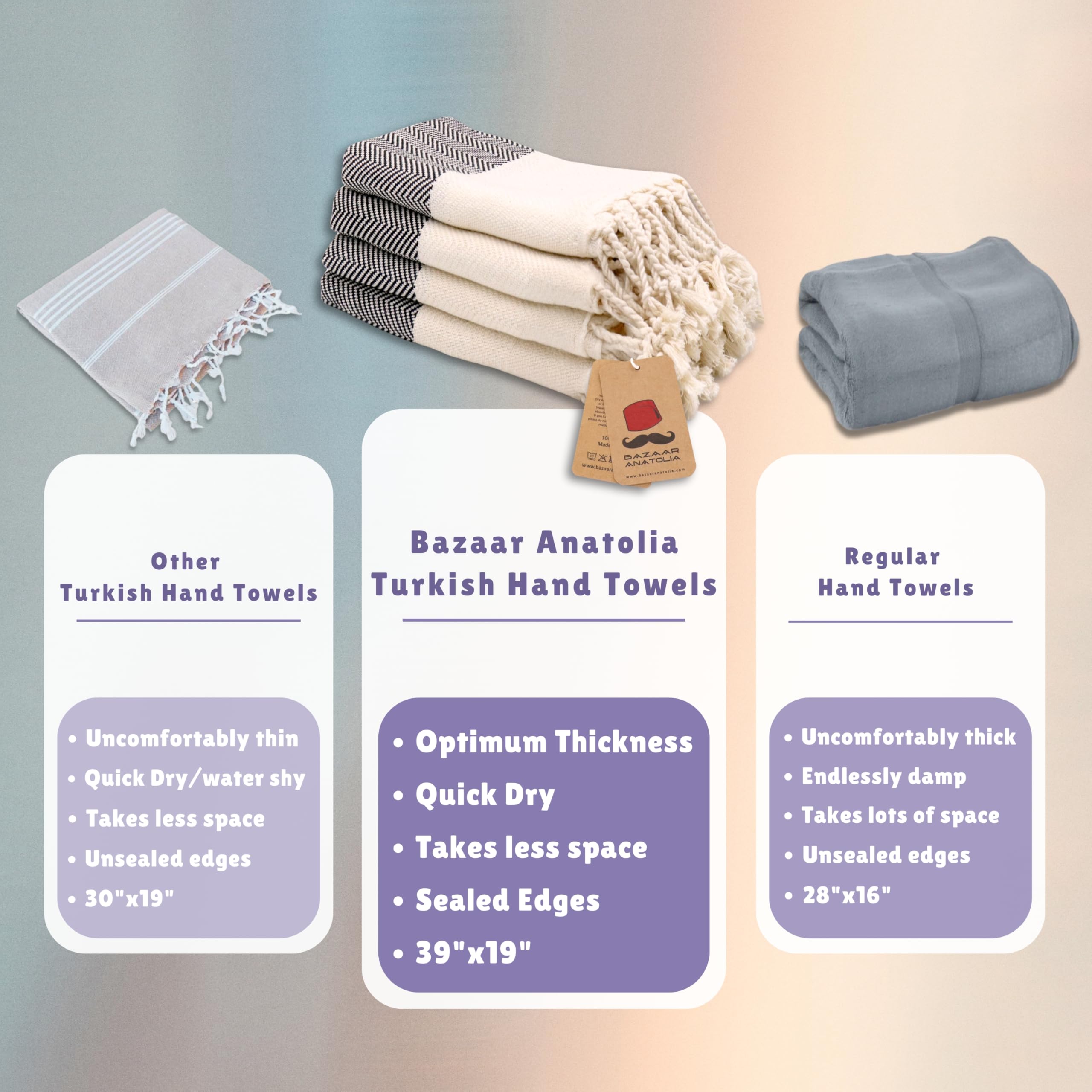 Bazaar Anatolia 100% Cotton Turkish Hand Towels Set of 4 - 39