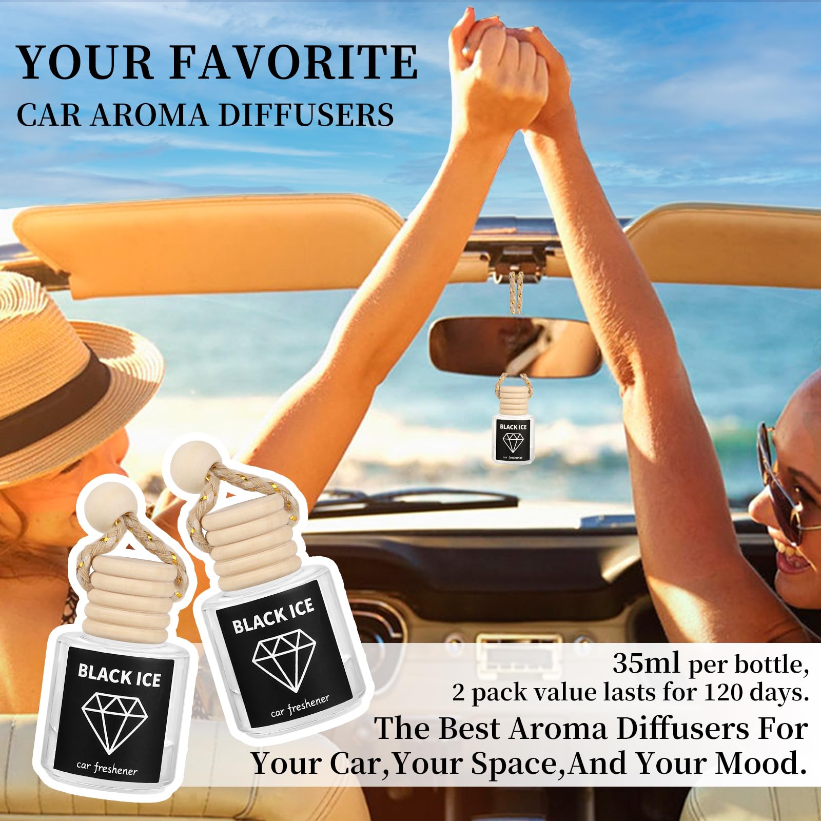 Premium Car Air Freshener Diffuser - Long Lasting Hanging Odor Eliminator with Black Ice Fragrance Oil | Perfect for Cars, Trucks & SUVs | Eliminates Bad Odors & Freshens Air While Driving