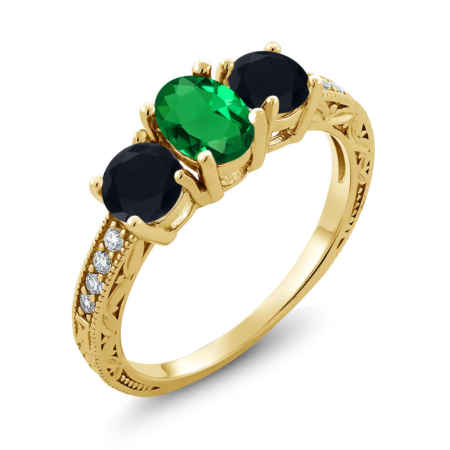 1.64 Ct Green Simulated Emerald & Black Onyx 18K Yellow Gold Plated Silver Ring for Women - Elegant Vintage Style Jewelry Gift for Birthday, Anniversary & Special Occasions