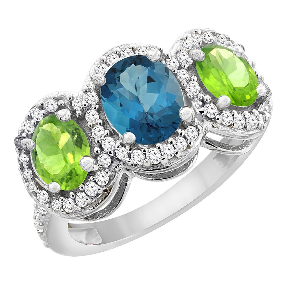 14K White Gold Natural London Blue Topaz & Peridot 3-Stone Ring with Oval Diamond Accent - Size 5-10 | Elegant Birthstone Jewelry for Women, Perfect for Anniversaries, Engagements & Special Occasions