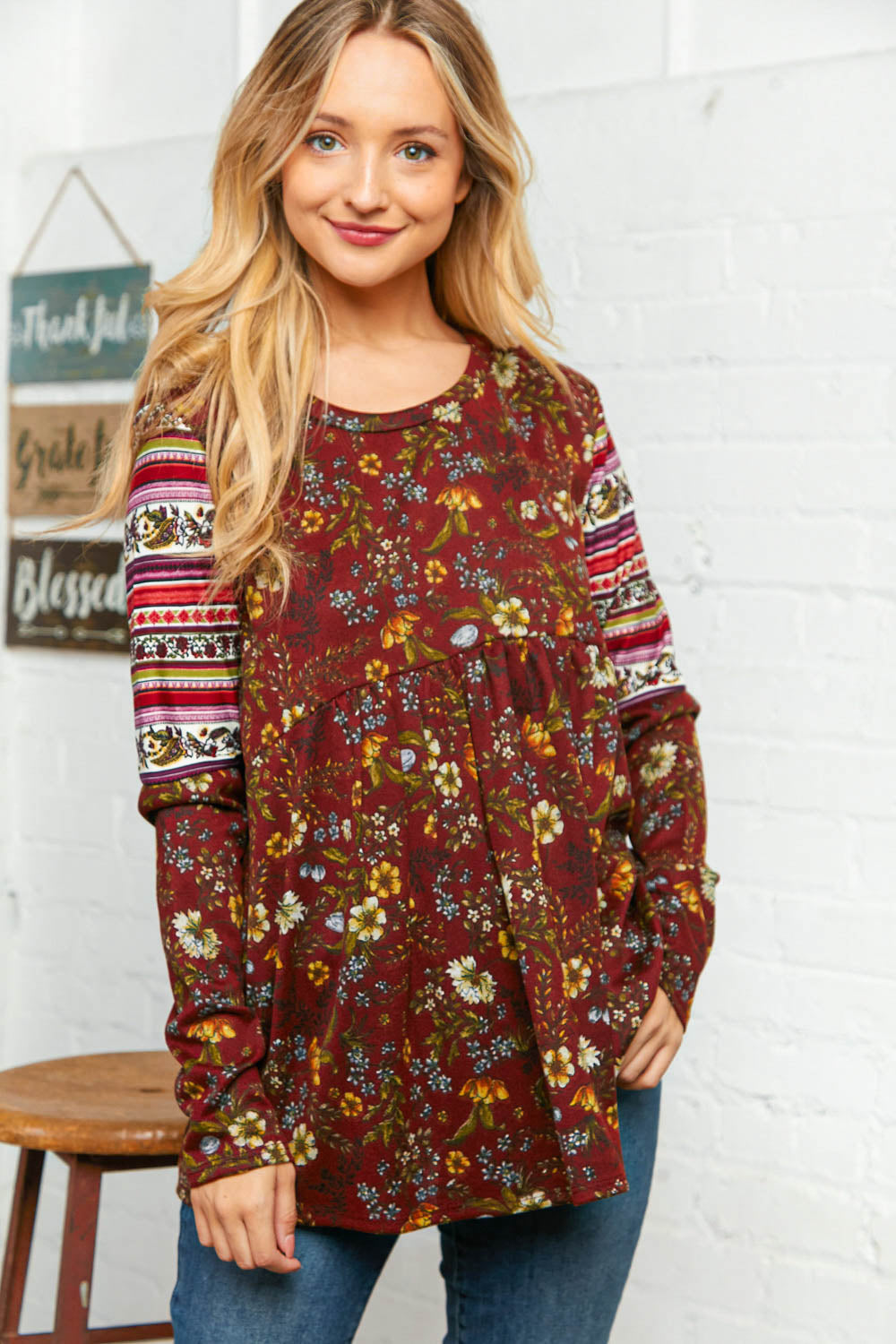 Burgundy Hacci Knit Babydoll Top with Ethnic Sleeves - Boho Chic Loungewear for Women | Perfect for Casual Outings, Date Nights & Vacation Wear