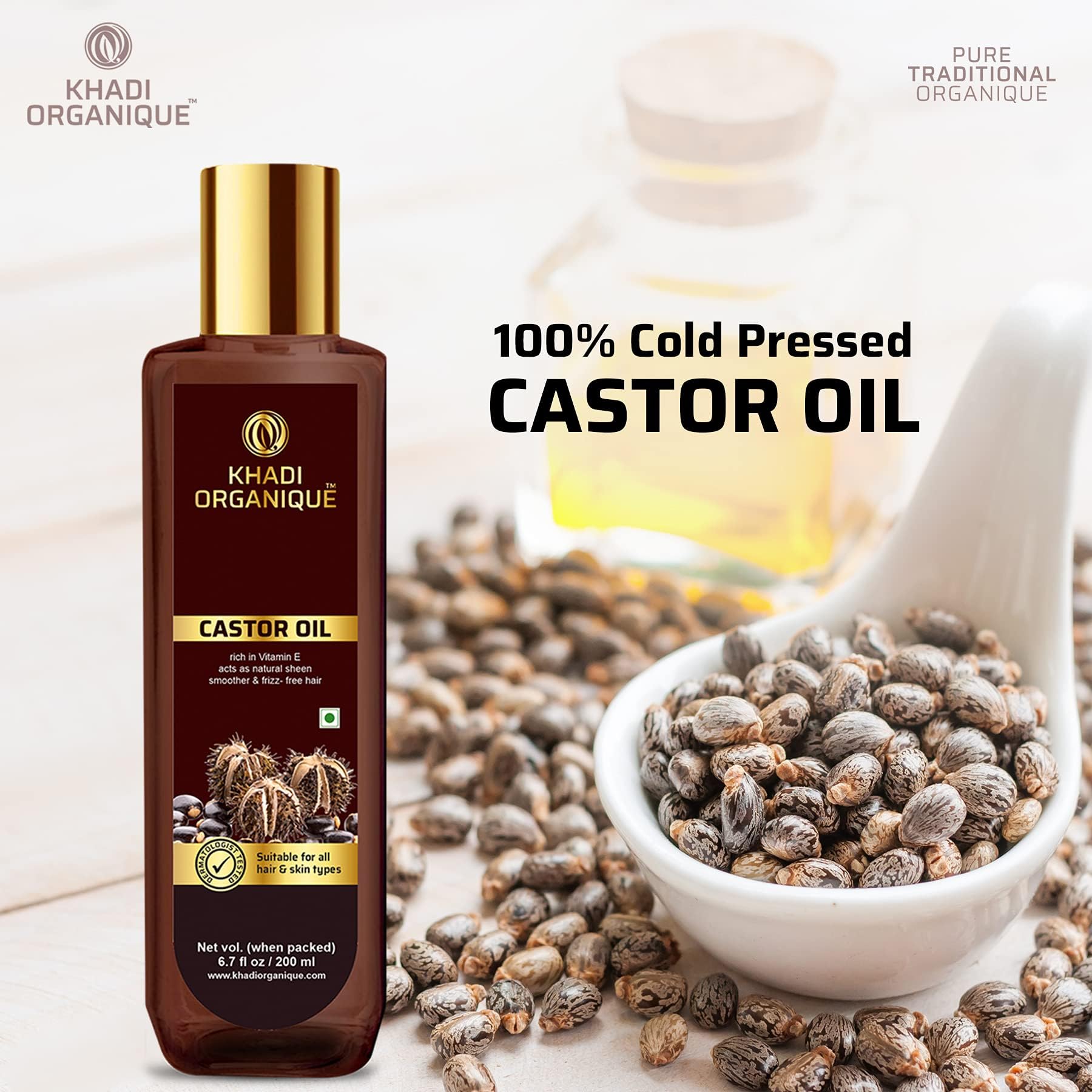 Khadi Organique Cold Pressed Castor Oil - 100% Pure & Virgin Grade for Hair Growth, Skin Care, Eyelashes & Nails | Natural Moisturizer for Dry Skin & Healthy Hair | 200ml | Perfect for Daily Hair Treatment, Skin Hydration & Eyelash Enhancement